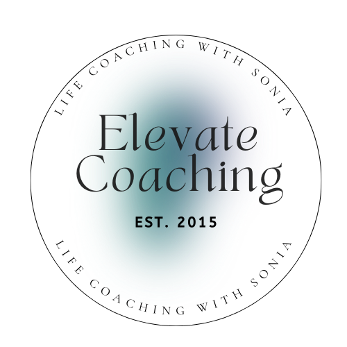 Logo for Elevate Coaching with an abstract teal and purple background and text indicating establishment in 2015.