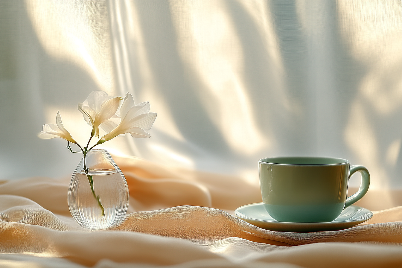 A still life image featuring a clear glass vase with white flowers and a white coffee cup with a saucer placed on a soft, peach-colored fabric backdrop with sunlight streaming through a window.