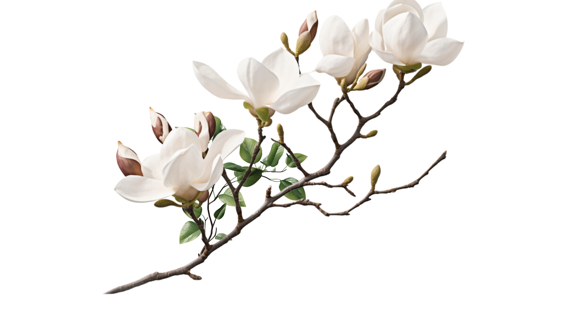 Close-up of a magnolia flower branch with white blossoms and green leaves