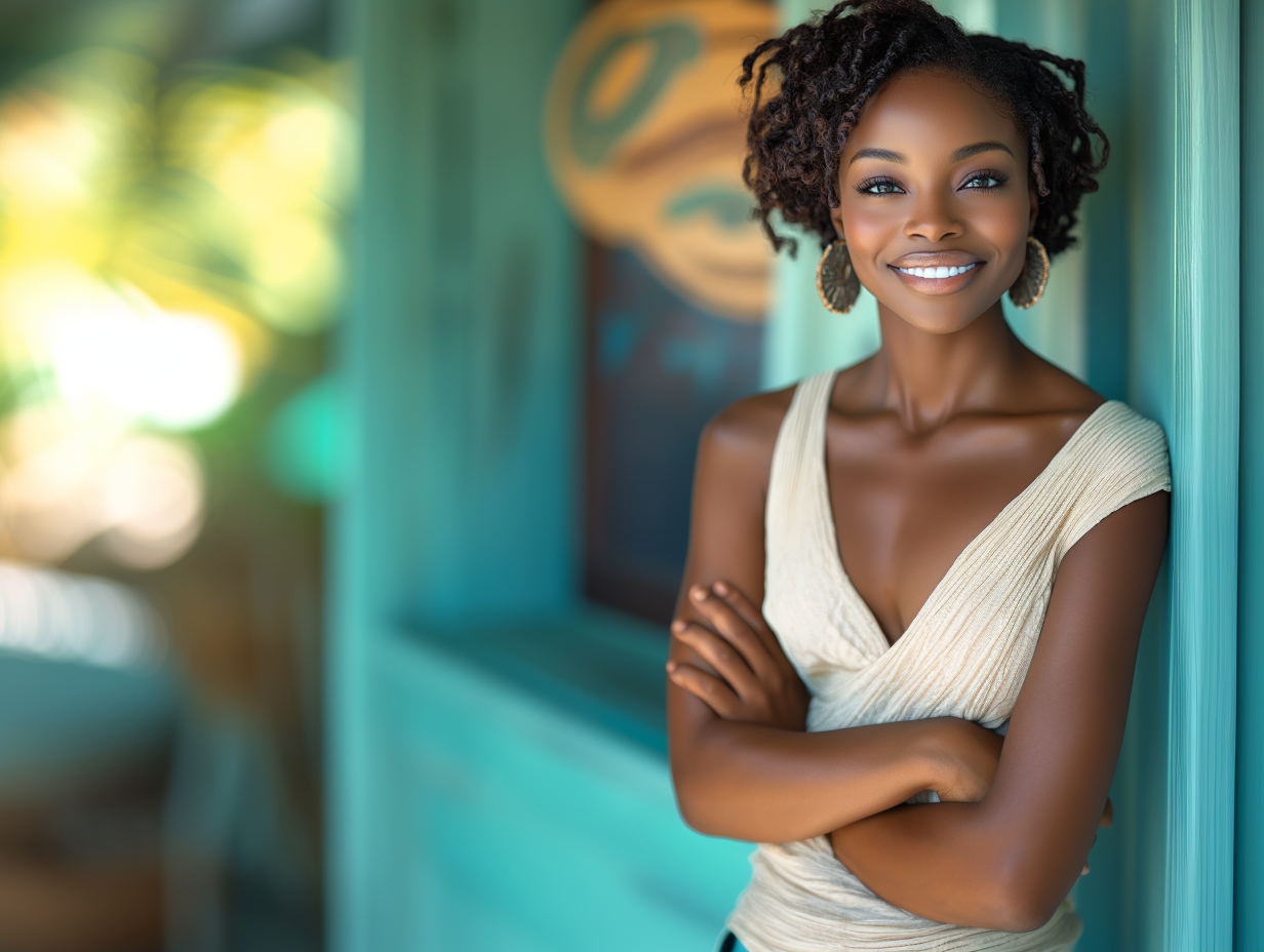 A smiling woman with short curly hair, wearing a sleeveless beige top and large earrings, standing with her arms crossed against a teal wall with a blurred background of colorful artwork and natural light.