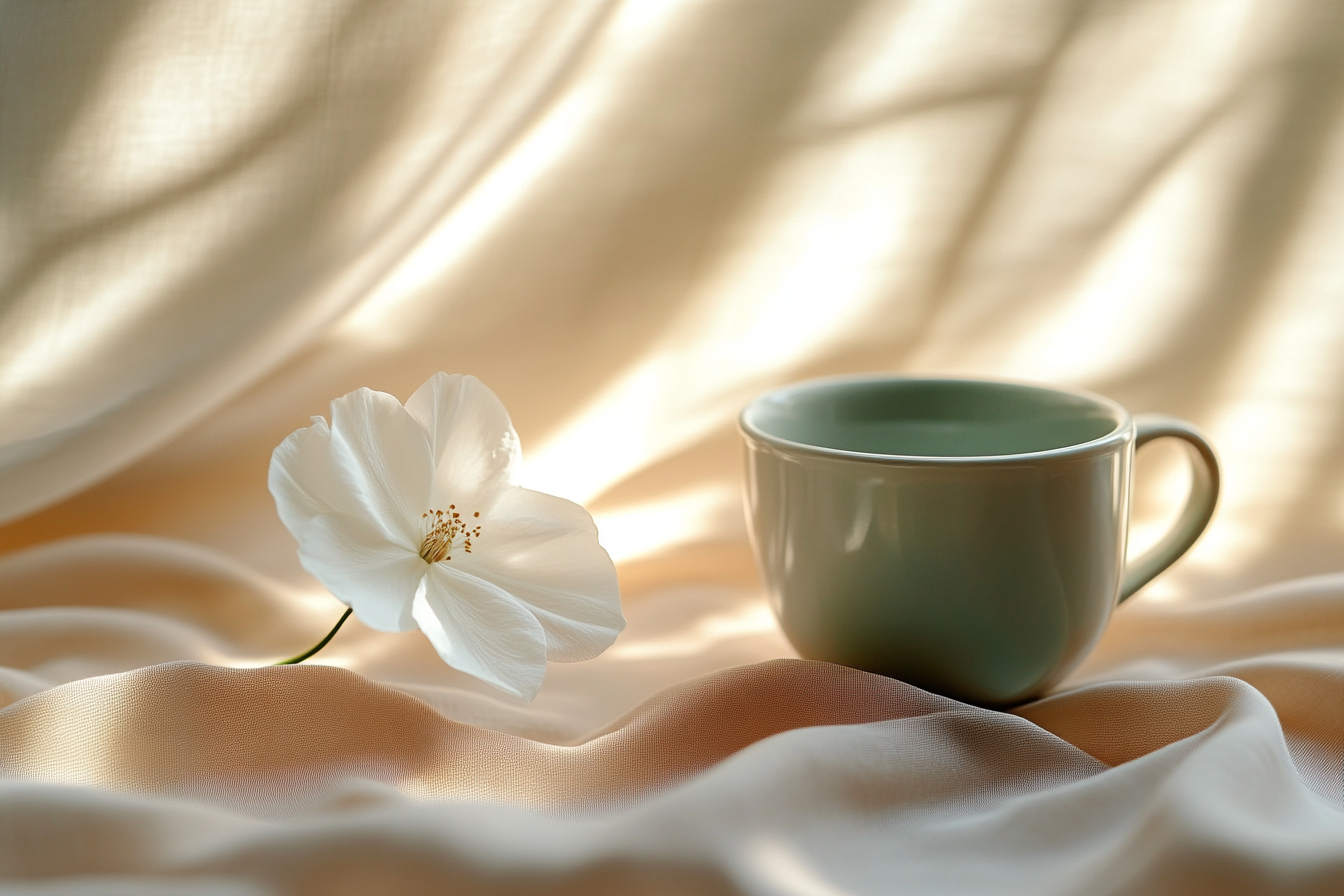 A white flower and a teacup placed on a silky, cream-colored fabric with a softly lit background.