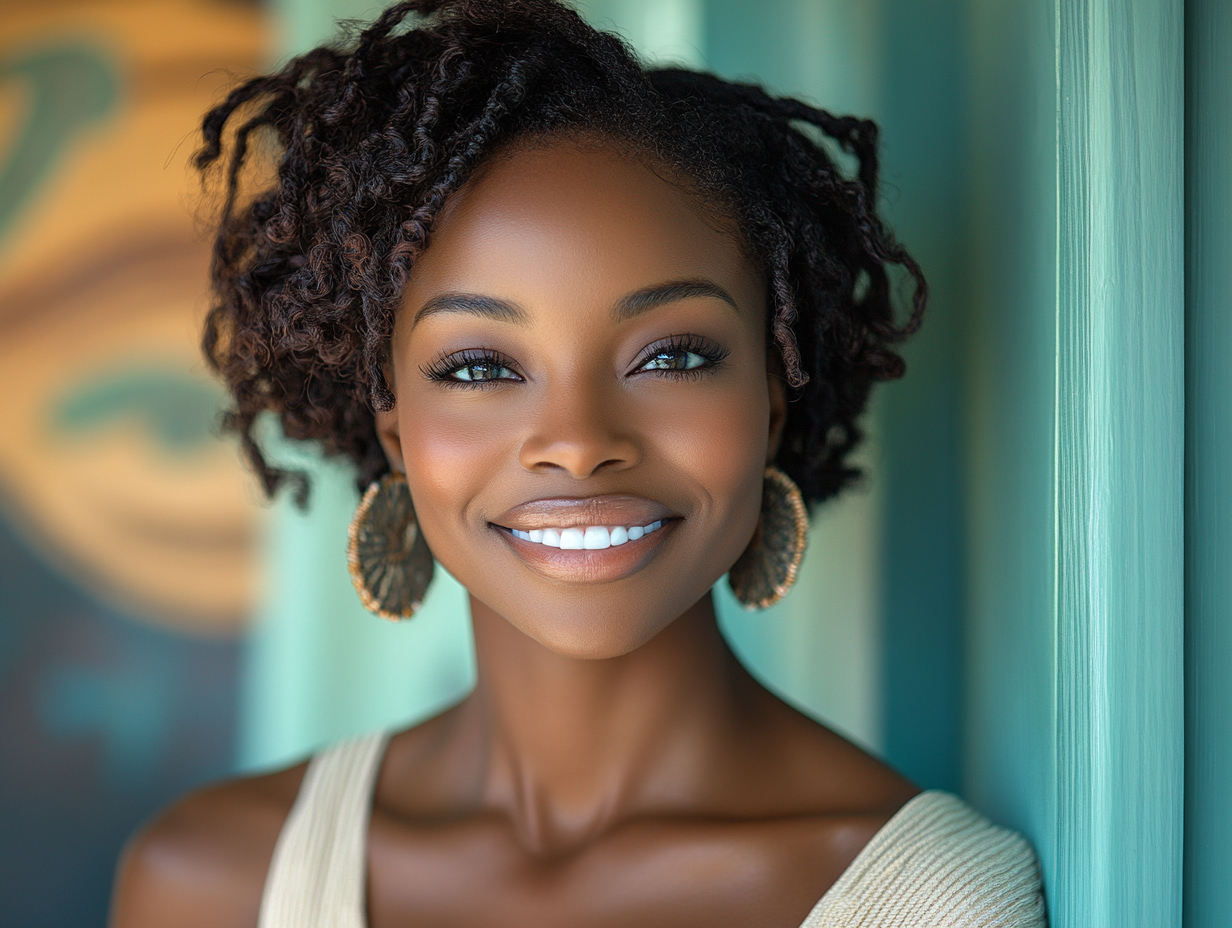 Close-up of a smiling African American woman with curly hair and hoop earrings, standing near a teal-colored wall.