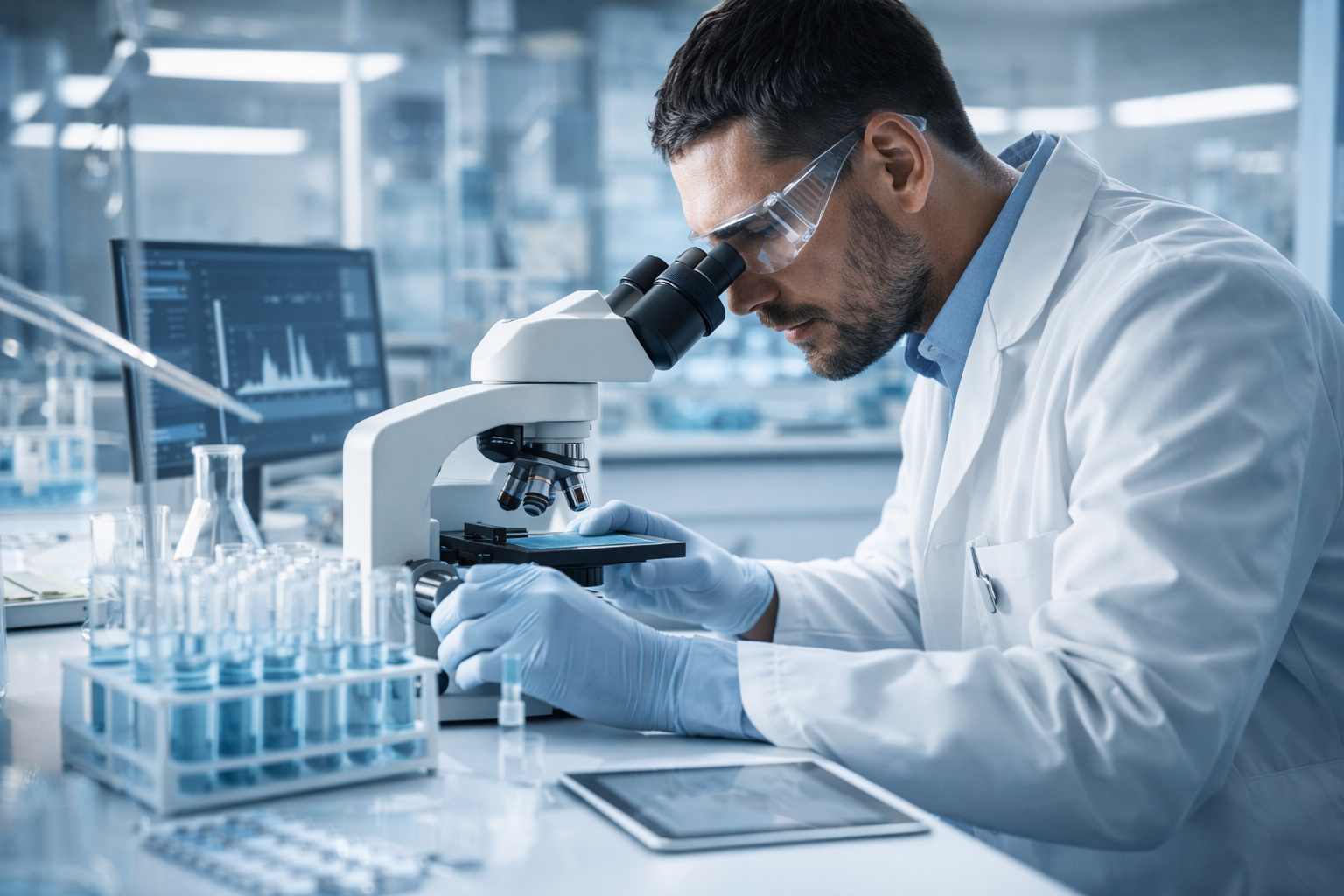 Scientific research environment analyzing peptides such as retatrutide, TB-500, BPC-157, 5 Amino Q1, NAD+, CJC-125