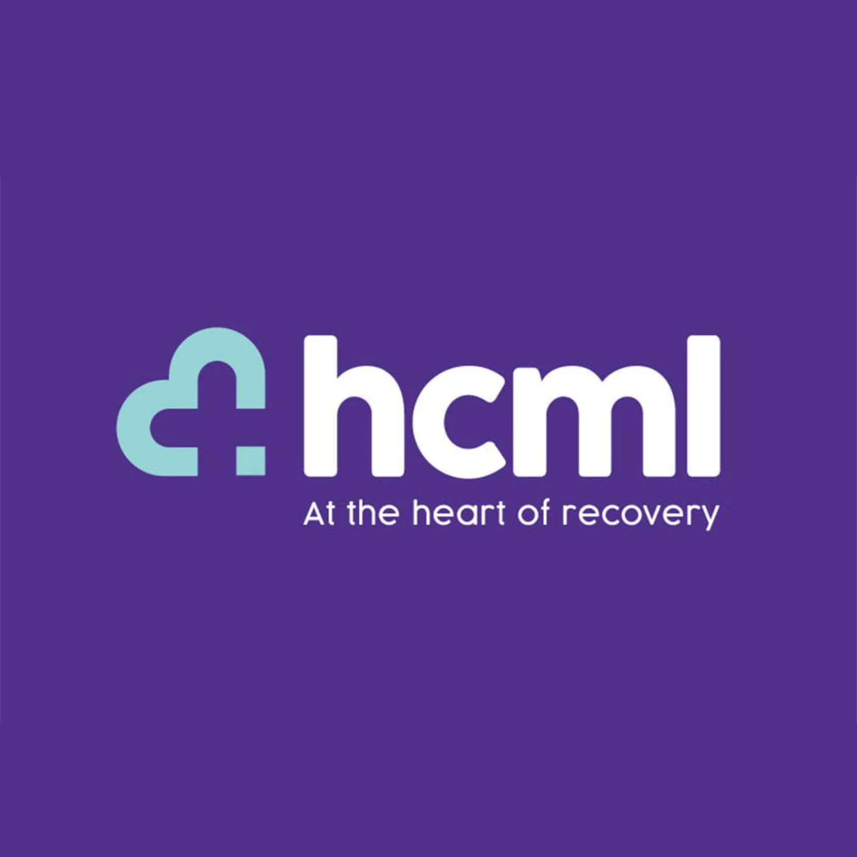 Logo for HCML with a purple background, featuring a stylized heart and medical cross icon, and the text 'hcml' with the slogan 'At the heart of recovery'.