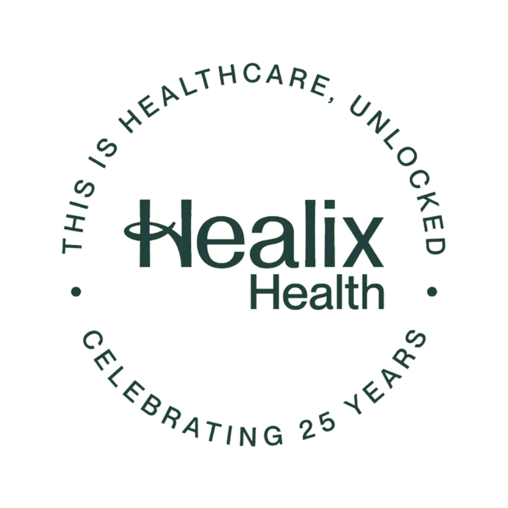 Logo for Healix Health, a healthcare company, with circular text indicating 25 years of celebration, with Healix written prominently in the center.