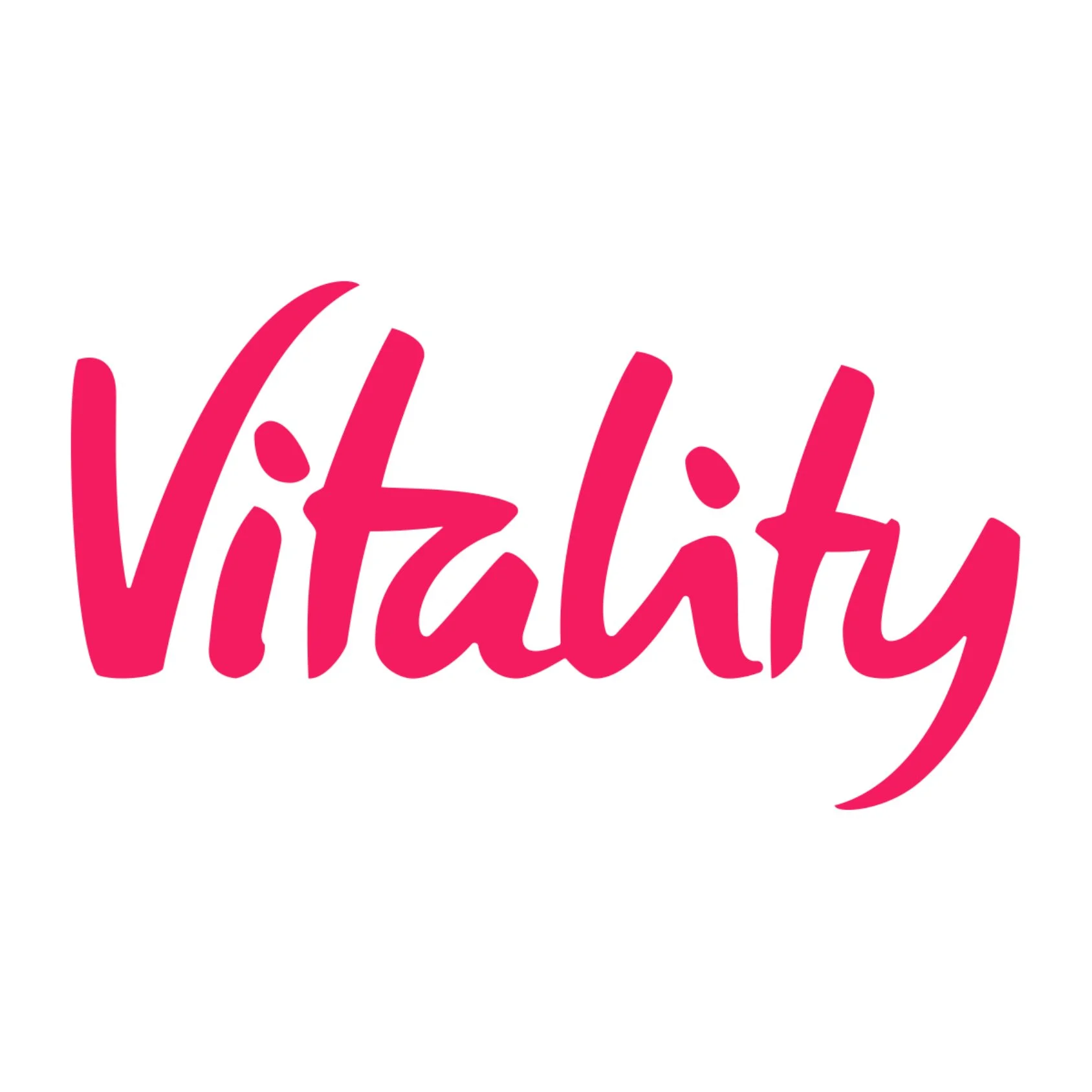 Pink cursive text that says 'Vitality on a white background.