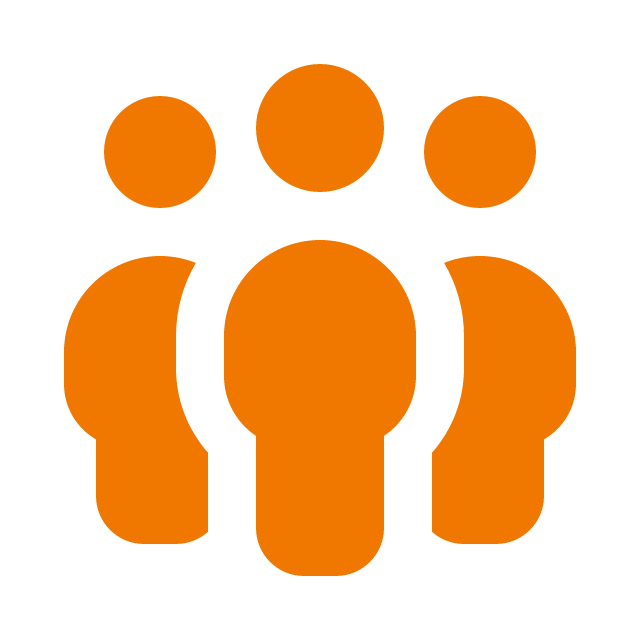 Icon of six orange circles arranged in a circular pattern with a larger circle in the center, representing people or a group.