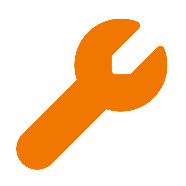 Orange wrench icon on a black background.