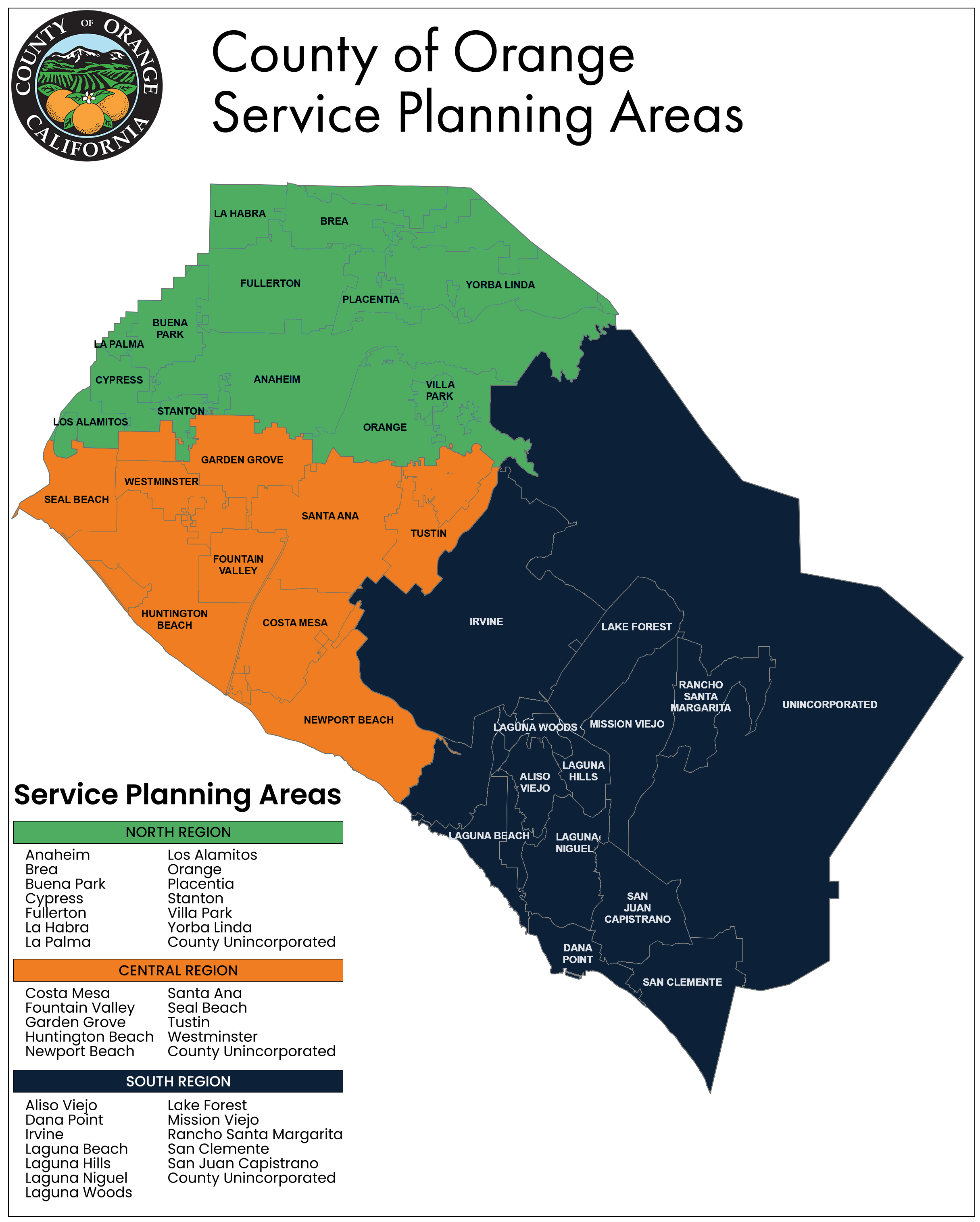 Map of the County of Orange Service Planning Areas divided into three color-coded regions: the North Region in green, the Central Region in orange, and the South Region in navy blue, with city names labeled throughout