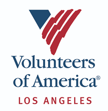 Logo of Volunteers of America Los Angeles, featuring a stylized American flag with red and white stripes and a blue triangle, and the text 'Volunteers of America Los Angeles' below.
