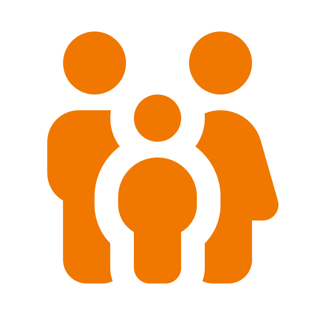 Icon of three stylized orange human figures standing together, representing community or teamwork.