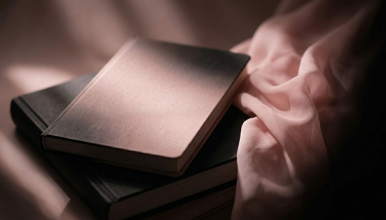 Three closed books stacked with soft pink fabric draped around them.