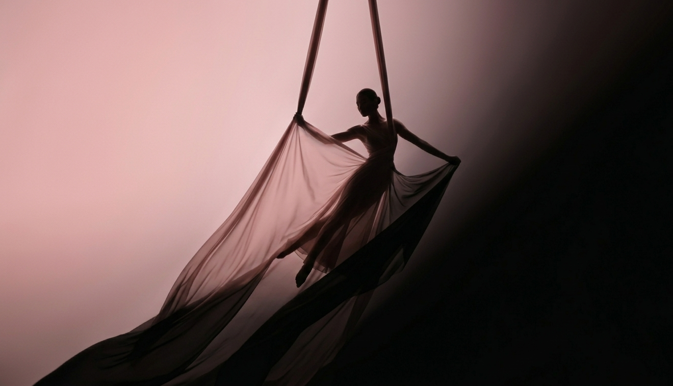 Silhouette of a woman dancing, holding flowing fabric, with a pink and black background.