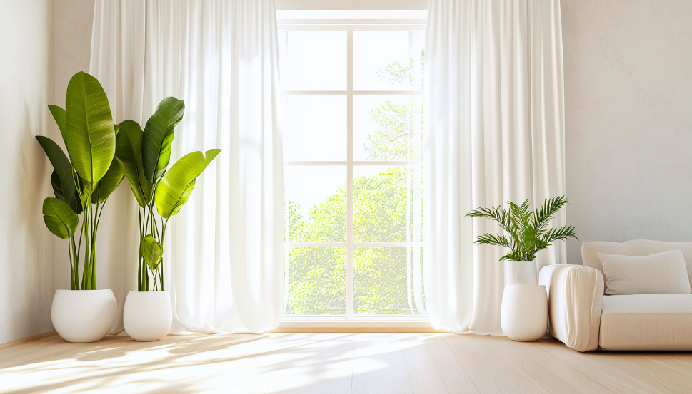 Bright therapy office with large window, sunlight streaming in, white sofa, and green plants in white pots.