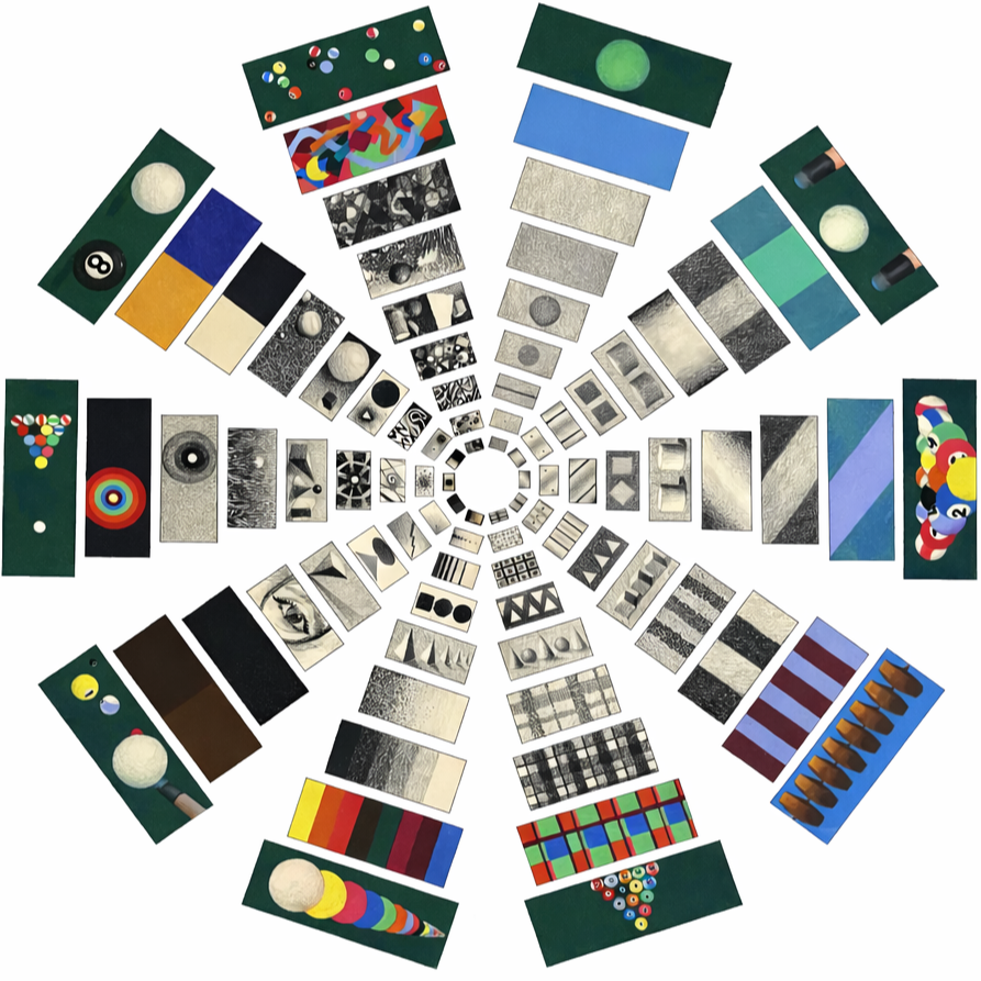 A circular arrangement of various patterned cards, billiard balls, and snooker cues, with green felt backgrounds and some color blocks, all radiating from the center. Syntax of Visual Language