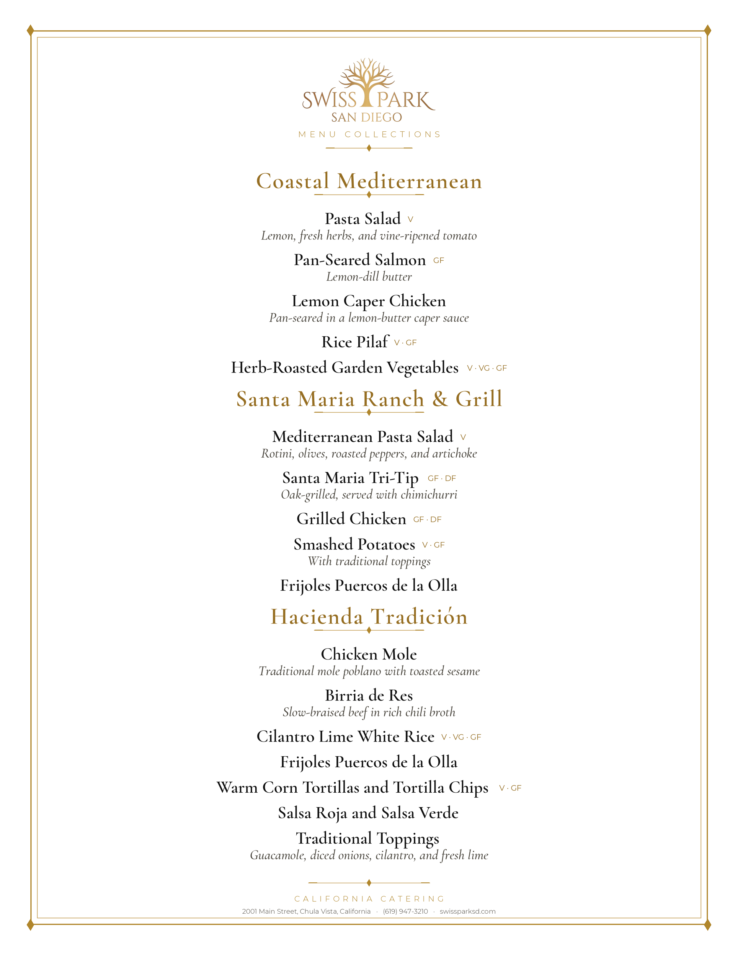 Wedding catering menu Swiss Park & Hall San Diego Chula Vista