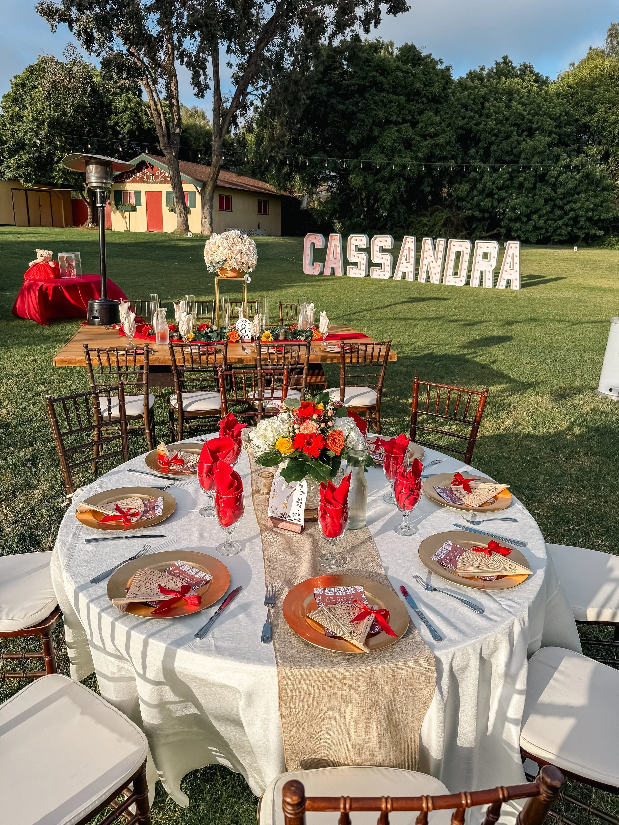 Outdoor garden quinceañera decoration Swiss Park & Hall San Diego Chula Vista