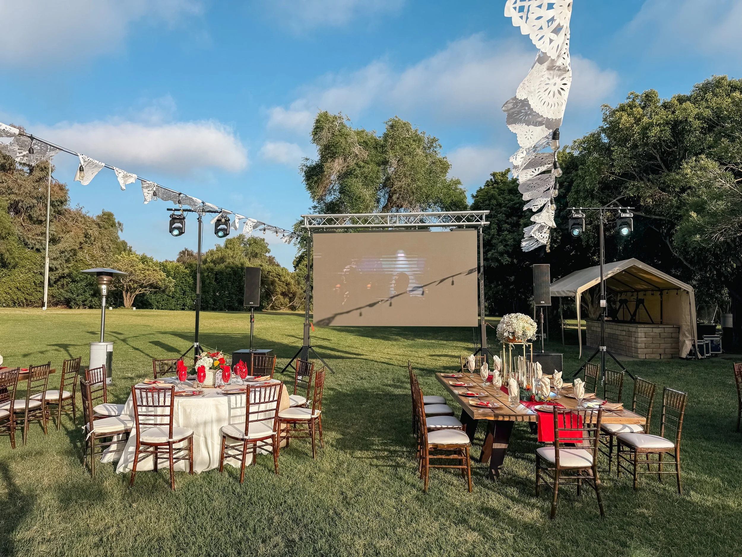 Outdoor garden quinceañera decoration Swiss Park & Hall San Diego Chula Vista