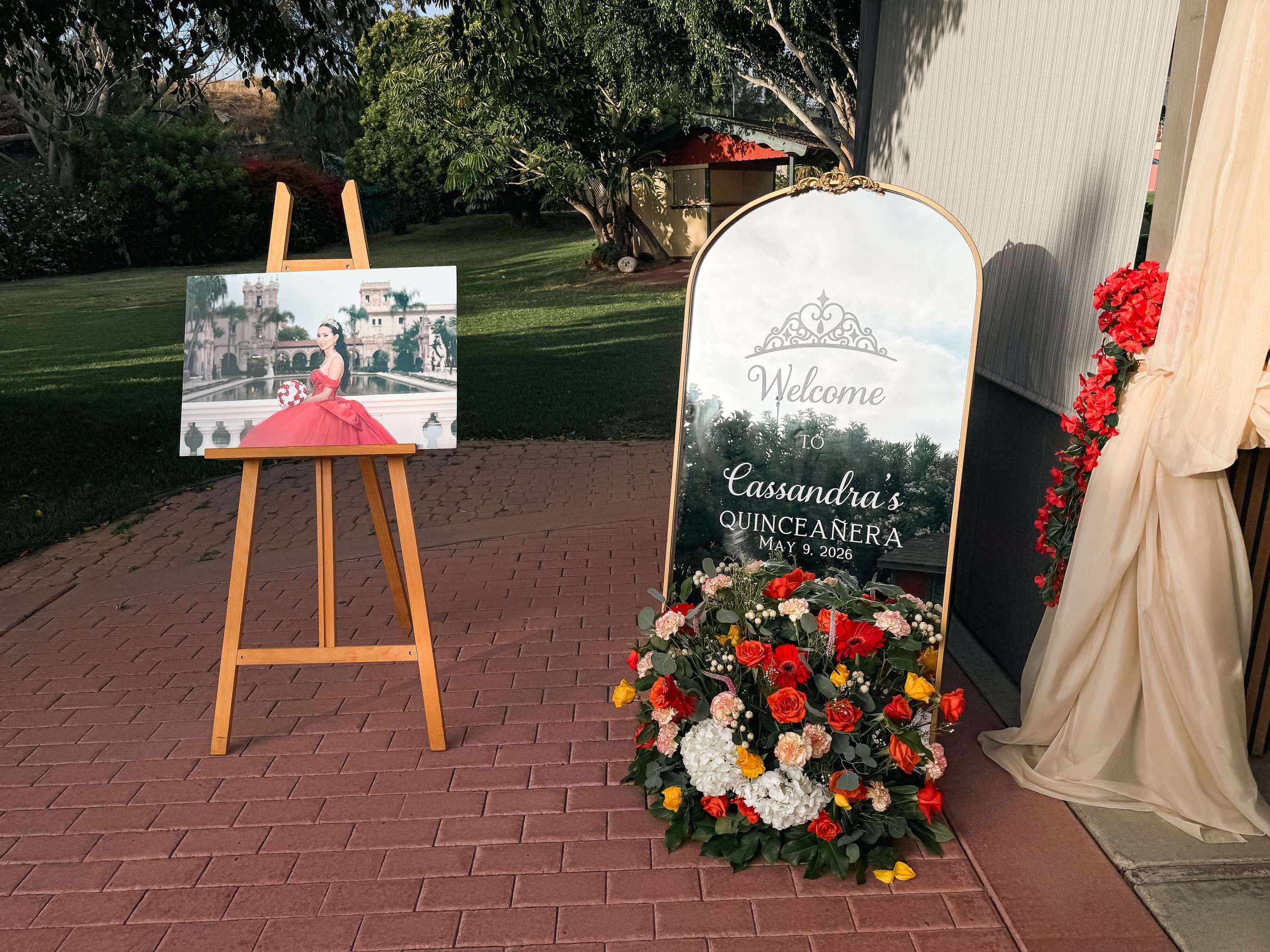 Outdoor garden quinceañera decoration Swiss Park & Hall San Diego Chula Vista
