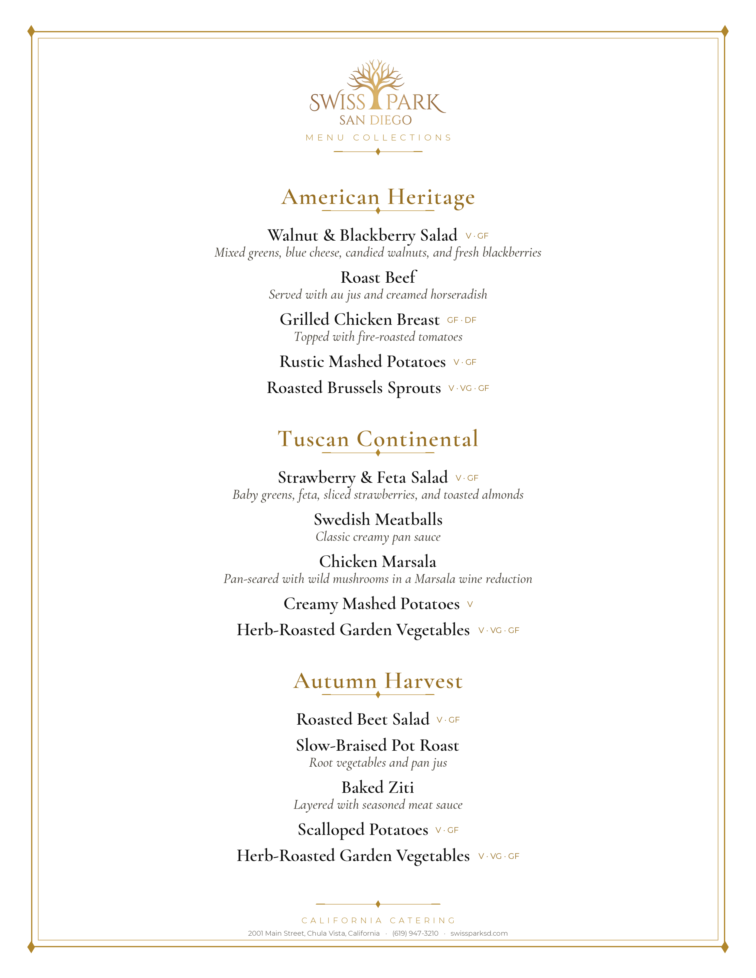 Wedding catering menu Swiss Park & Hall San Diego Chula Vista