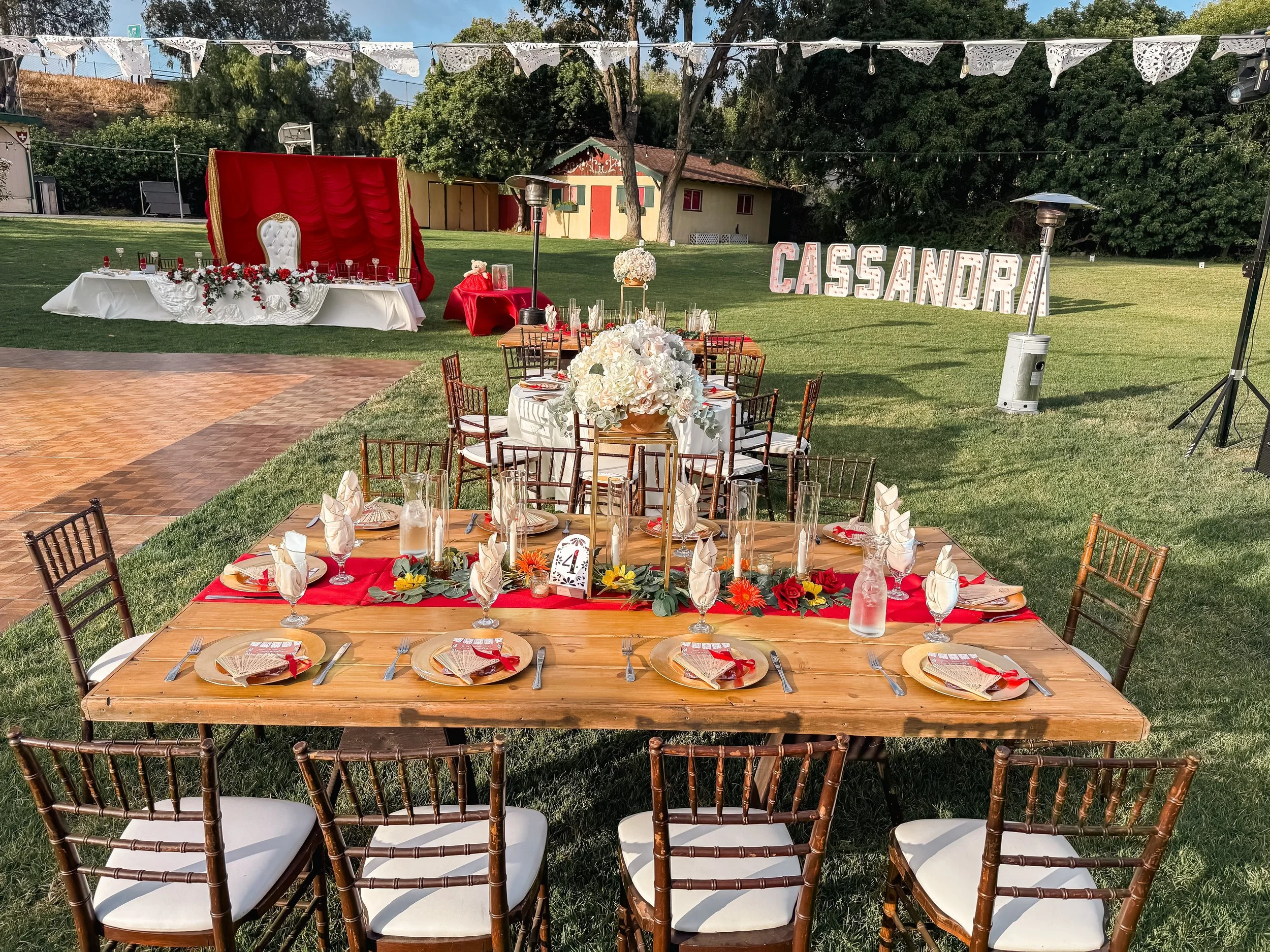 Outdoor garden quinceañera decoration Swiss Park & Hall San Diego Chula Vista