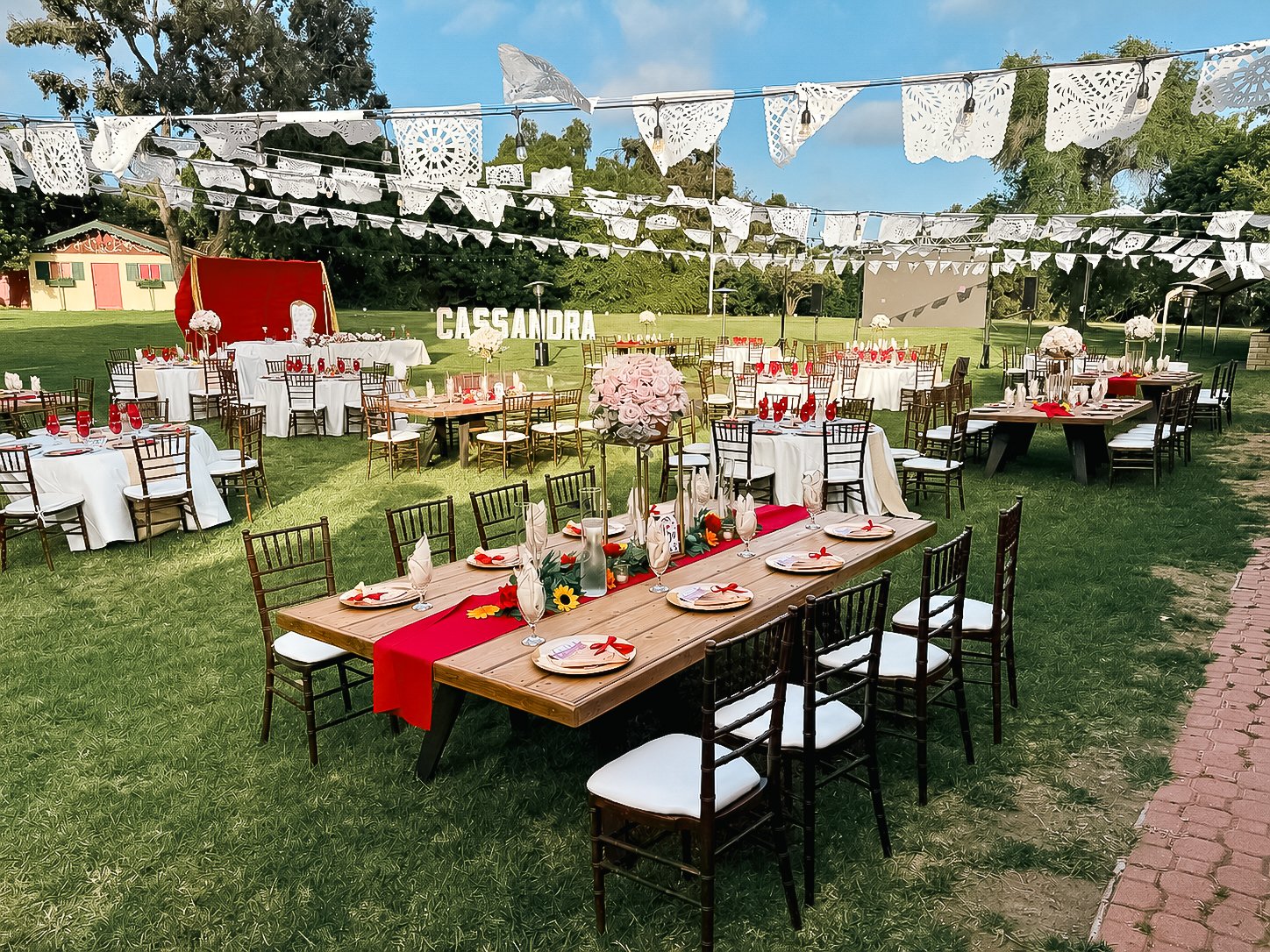 Outdoor garden quinceañera decoration Swiss Park & Hall San Diego Chula Vista