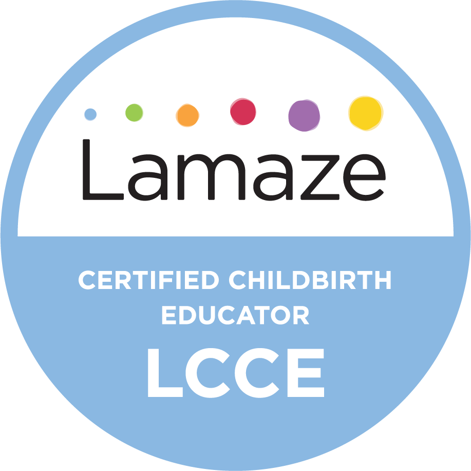 A circular badge with a blue background, displaying the name 'Lamaze' with colorful dots above it, and the text 'Certified Childbirth Educator LCCE' below.