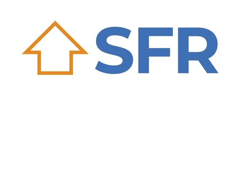 An orange outline arrow pointing up next to the blue letters SFR.