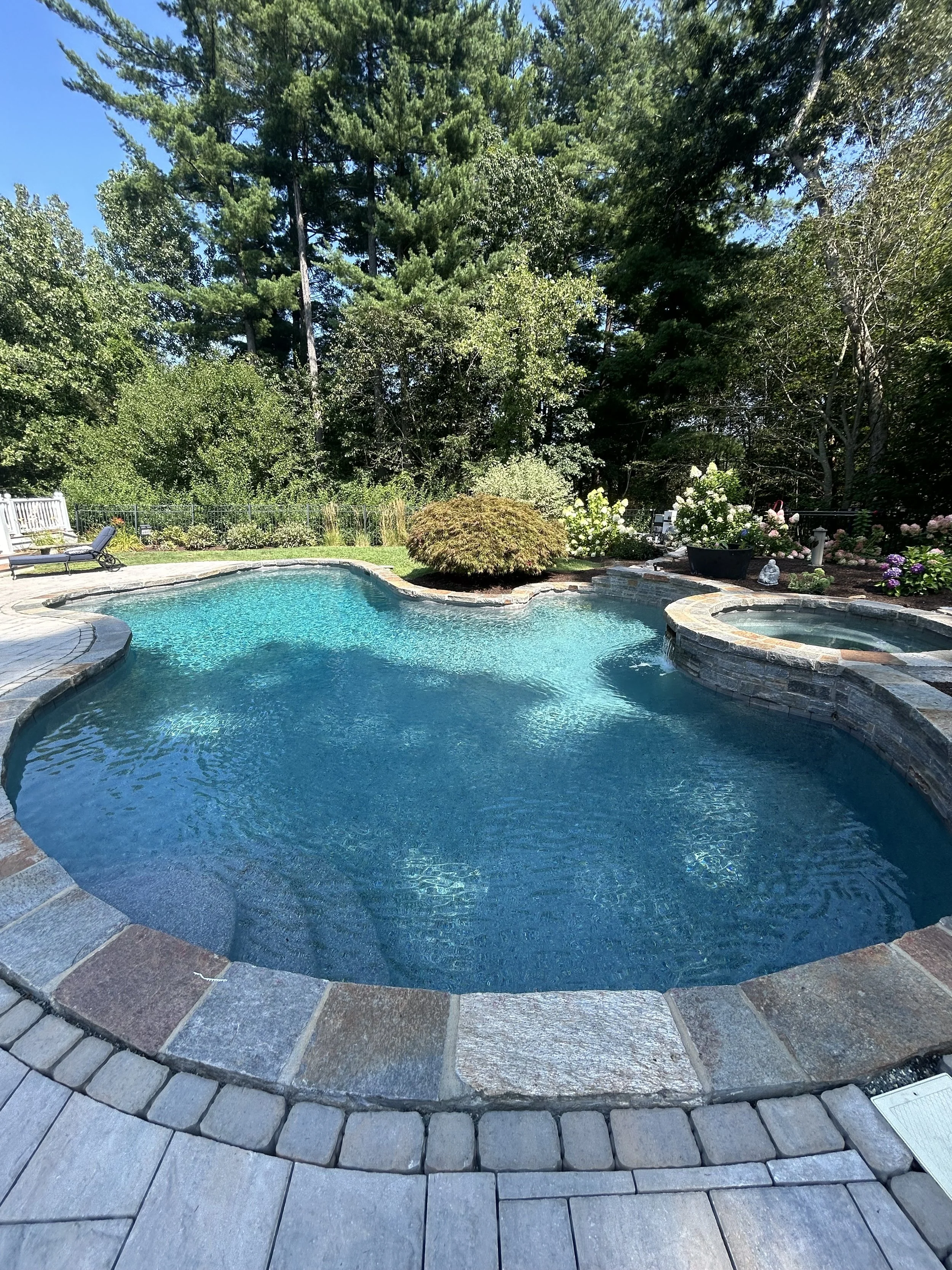 A backyard swimming pool with a curved shape, surrounded by a stone and brick patio. There are trees, bushes, and flowering plants along the back perimeter, with sunlight filtering through the foliage. Lounge chairs are visible on the left side.