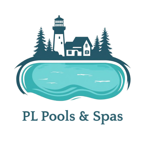 Illustration of a lighthouse, trees, and a house over an oval-shaped pool with water, and the text 'PL Pools & Spas' beneath.