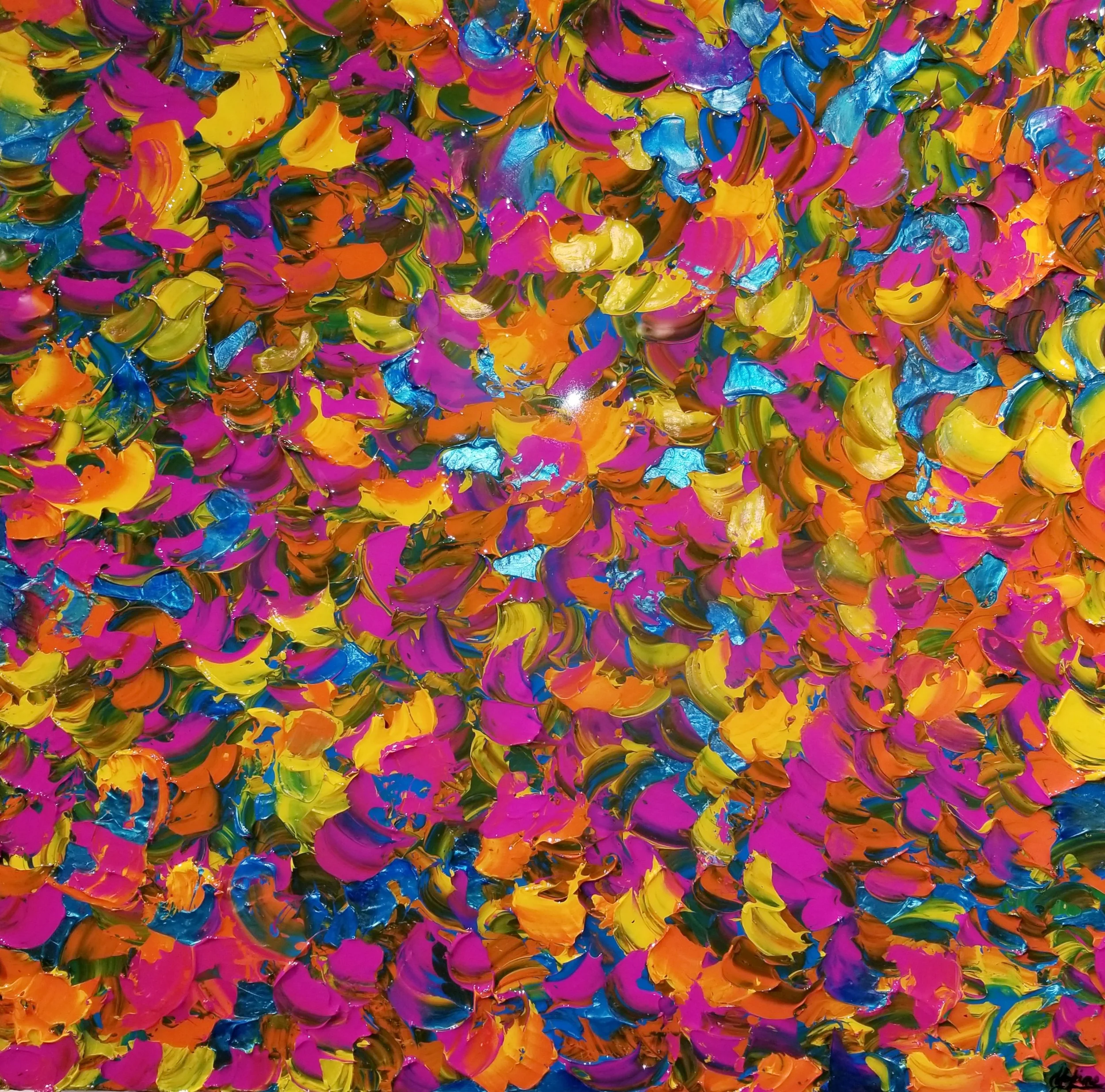 Leaves at the Bottom of the Pool
Acrylic and iridescent and metallic pigment  on gallery-wrapped canvas measuring 36”x36”x1.5”