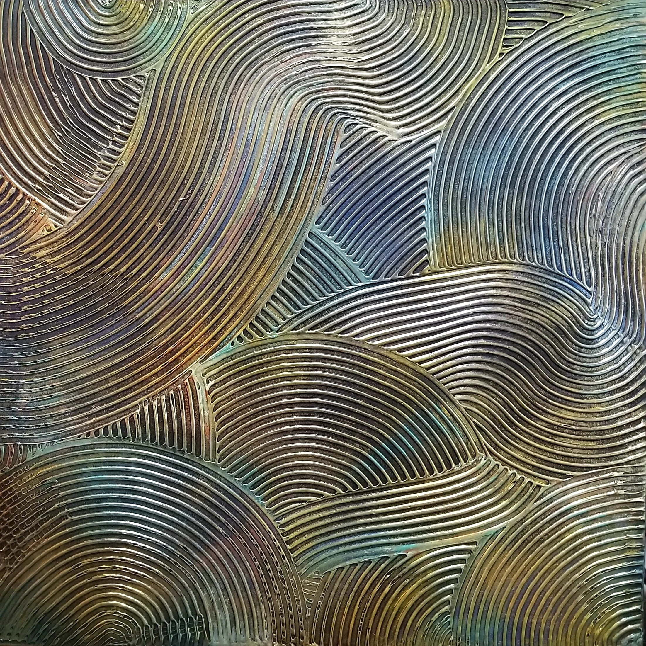 Retro Deco
Acrylic, spray paint, iridescent gold, brass, and copper  pigments on gallery-wrapped canvas measuring 36”x36”x1.5”