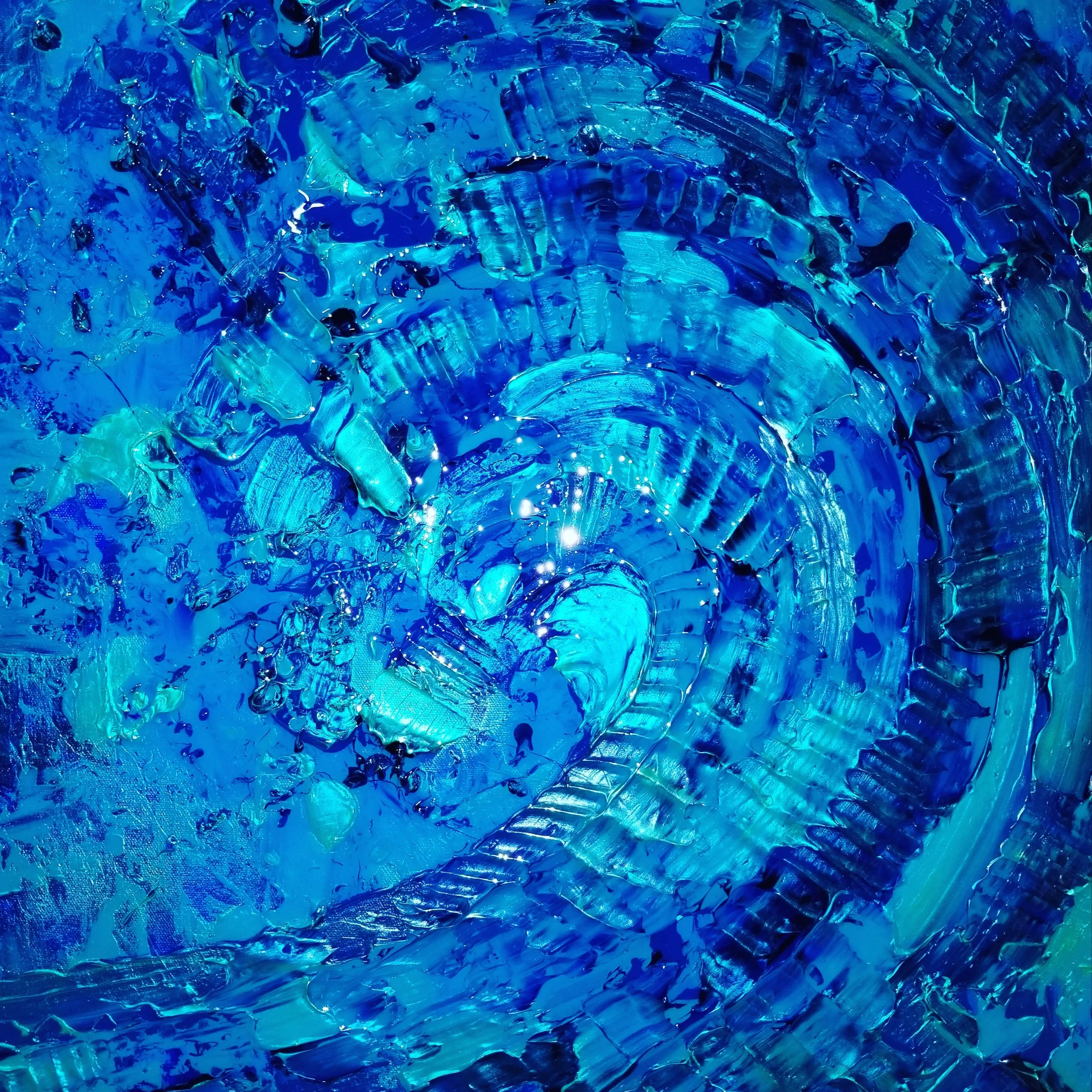 Aquatic Resonance II
Acrylic and iridescent and metallic pigment on gallery-wrapped canvas measuring 36”x36”x1.5”