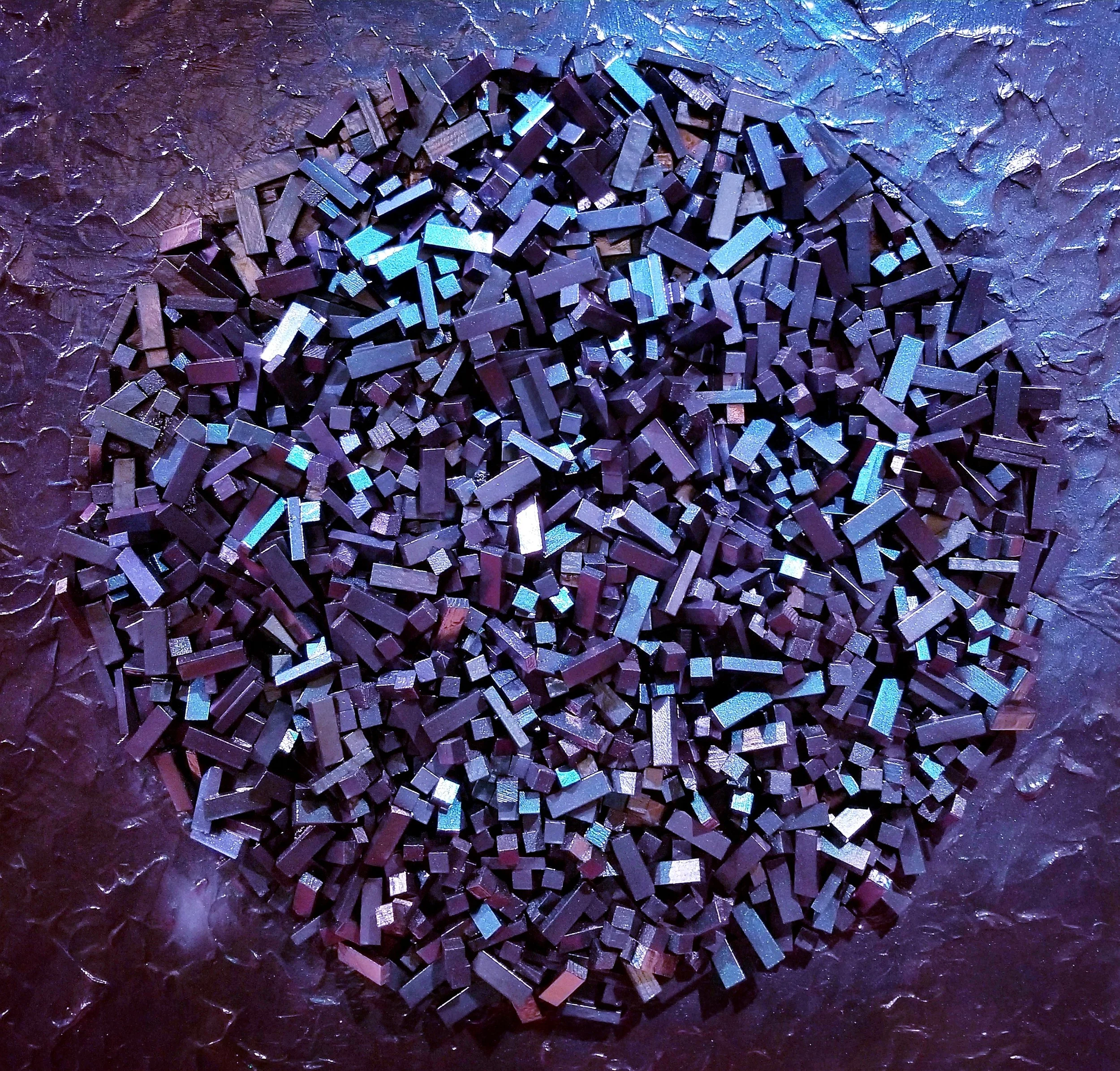 Meteoric Rise
Mixed media (Acrylic, color shift automatic paint, and hundreds of wood blocks) on gallery-wrapped canvas measuring 36"x36"x4".