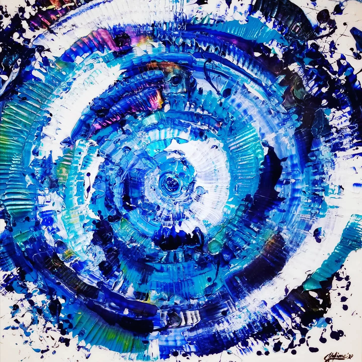 Azul Centrifuga
Acrylic and iridescent and metallic pigment  on gallery-wrapped canvas measuring 36"x36"x1.5"