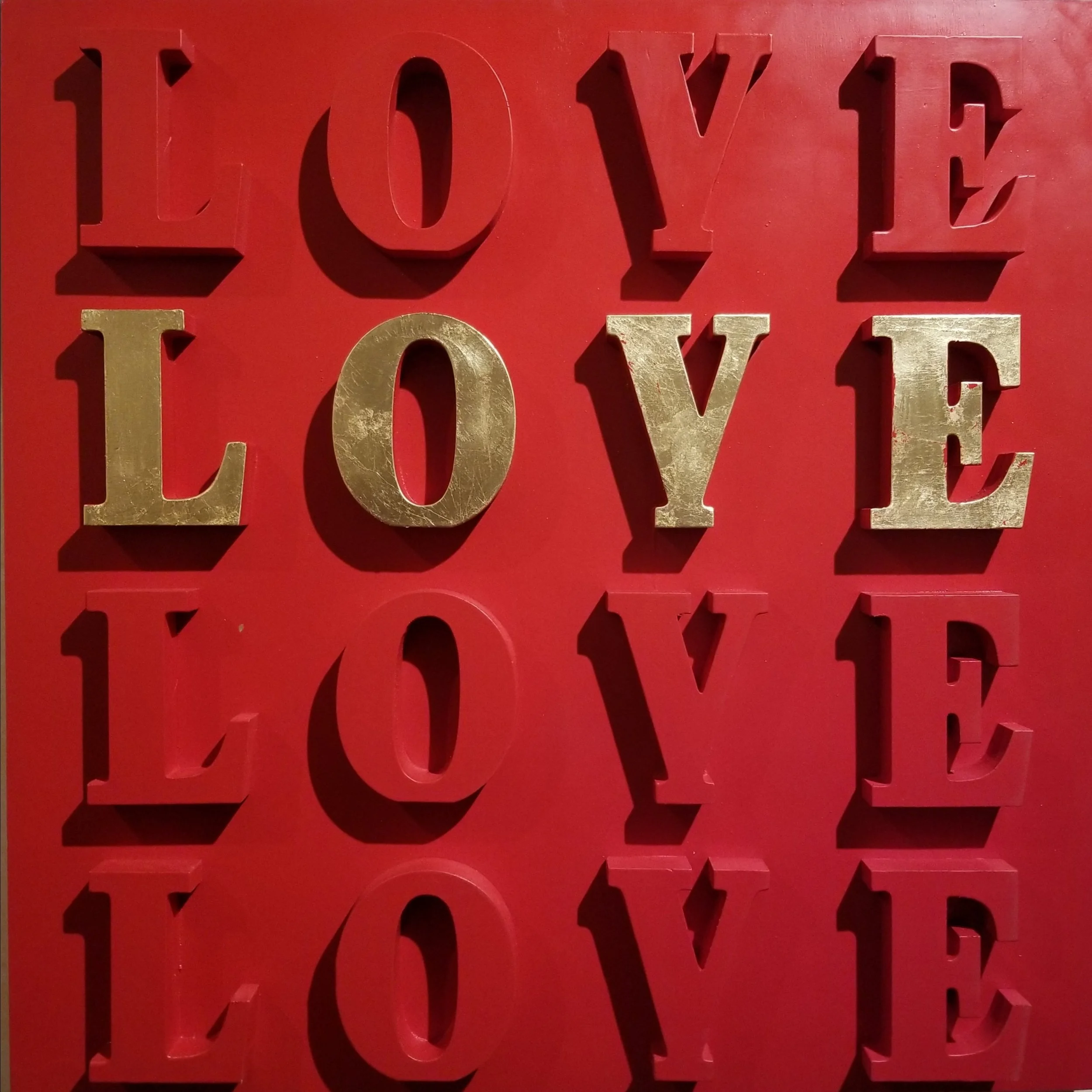 One Love (Homage to Robert Indiana)
Mixed media (Acrylic, Spray paint, gold leaf, and wood) on wood panel measuring 36"x36"x5"