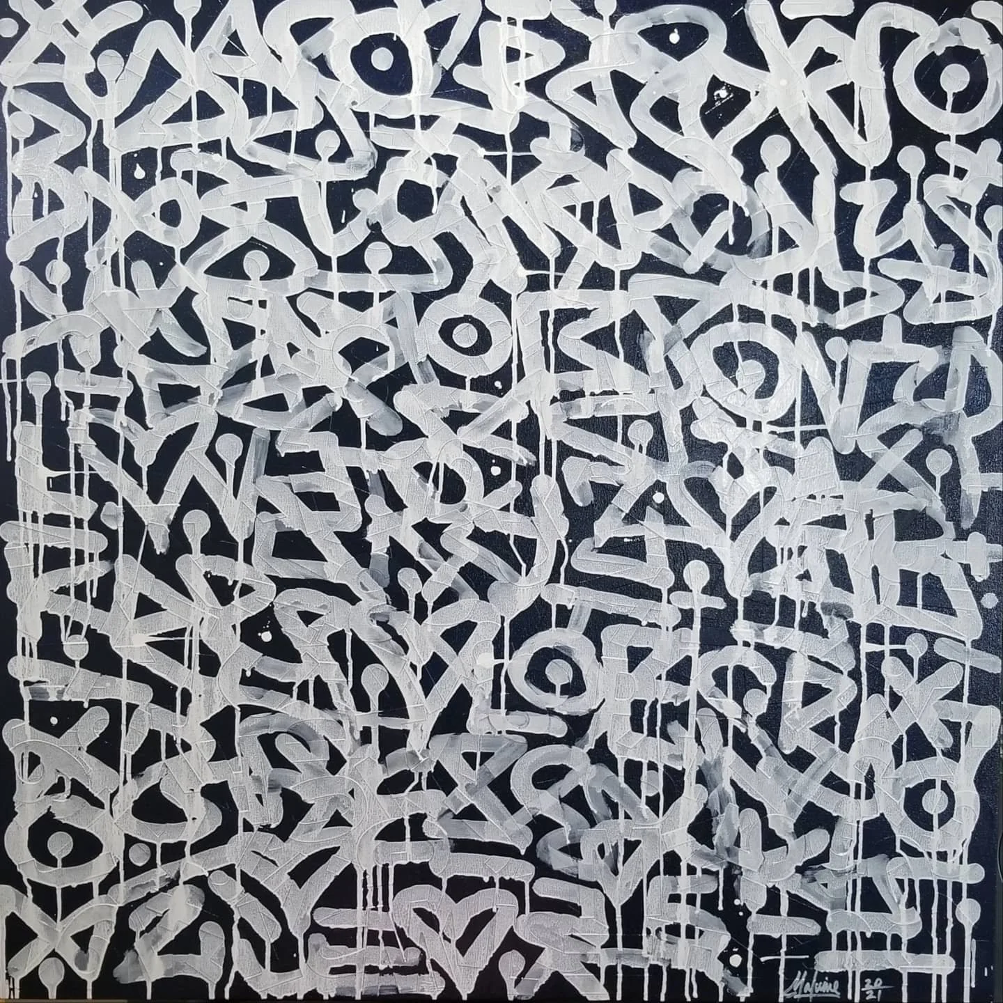 Graffiti-chic: Spontaneity 
Mixed media (Acrylic, ink, spray paint, and vinyl letters) on gallery-wrapped canvas measuring 36"x36"x1.5"