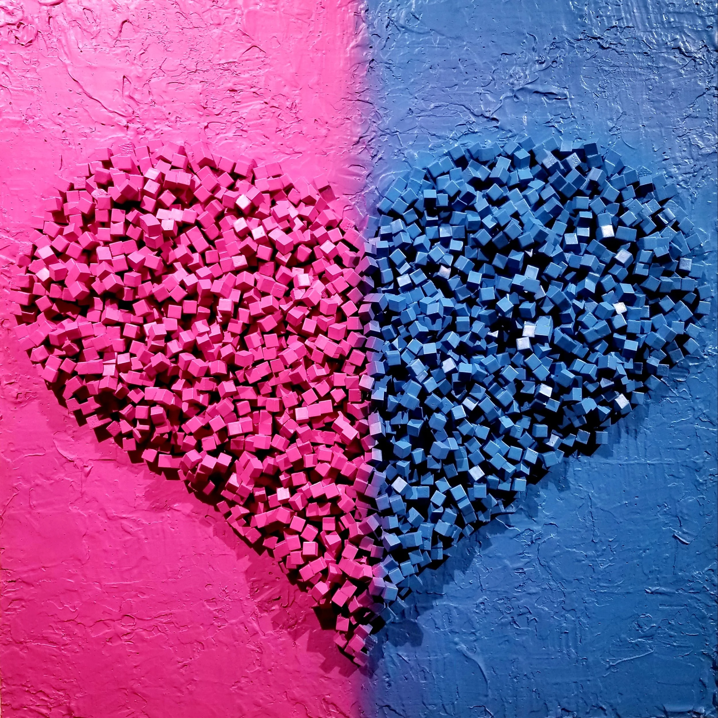 SweeTarts
Mixed media (Acrylic, color shift automatic paint, and hundreds of wood blocks) on gallery-wrapped canvas measuring 36"x36"x4".