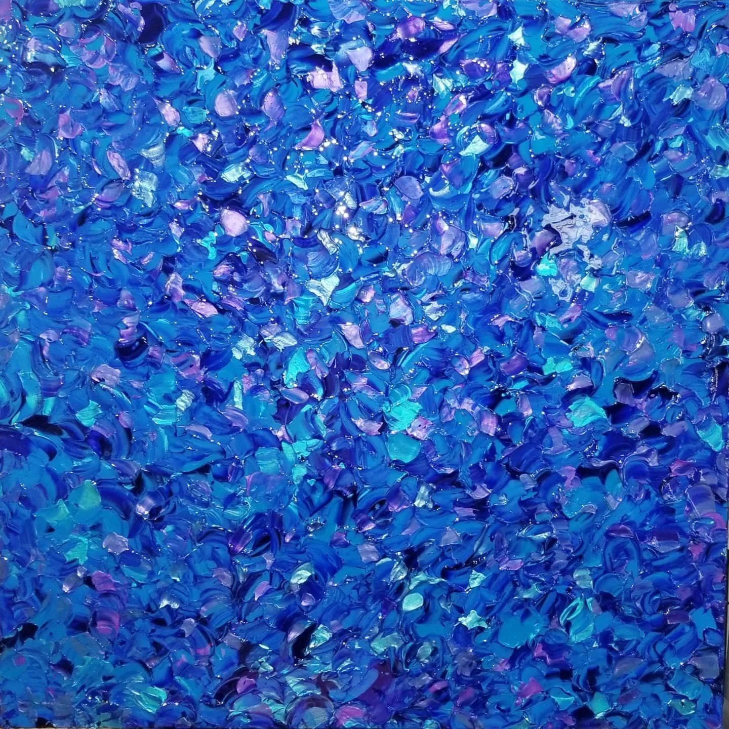 Morada y Azul
Acrylic and iridescent and metallic pigment on gallery-wrapped canvas measuring 36”x36”x1.5”