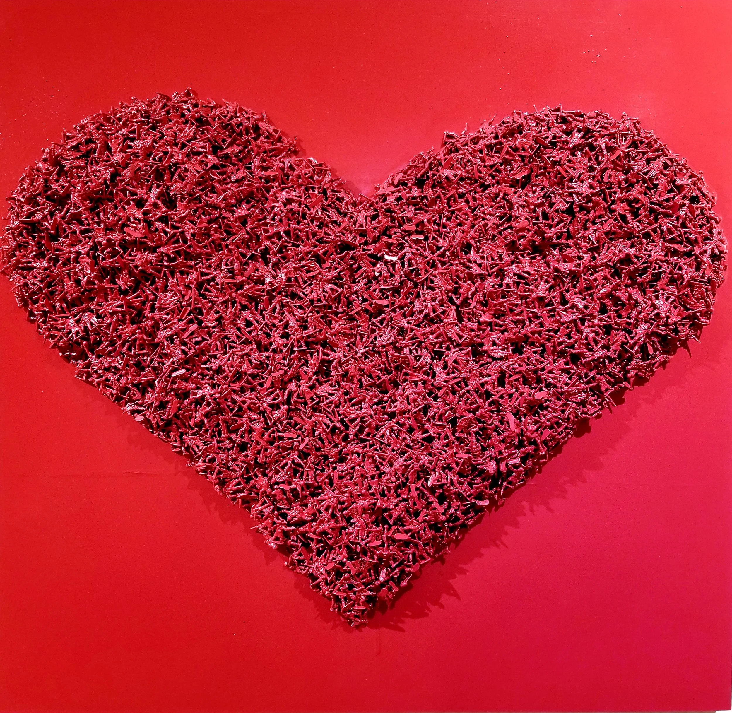 Nor Will They Learn War Anymore
Mixed media (Acrylic, spray paint, and over 3,000 army men) on wood panel measuring 36"x36"x4".