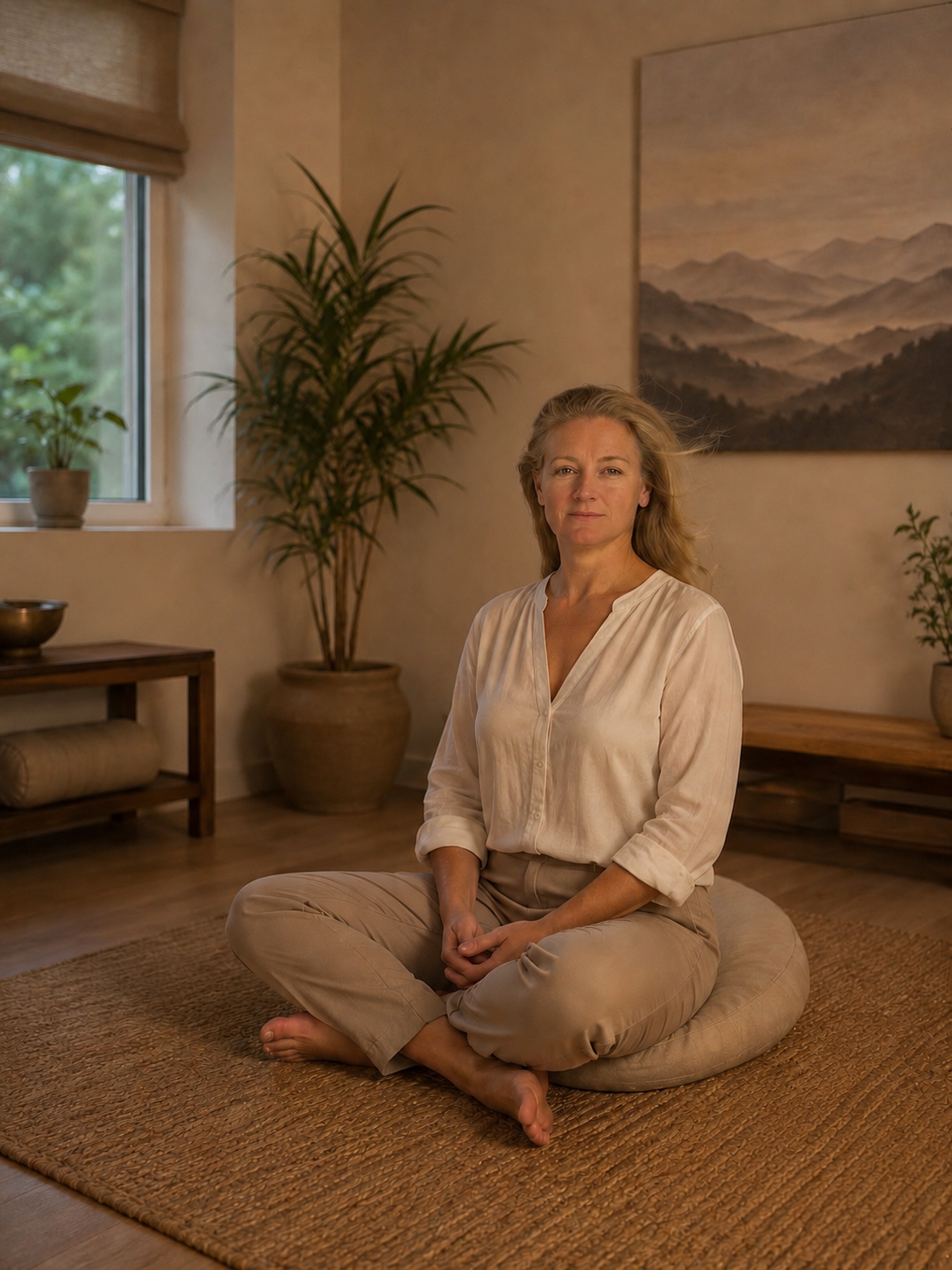 A woman with blonde hair sitting cross-legged on a beige cushion on a woven rug in a softly lit room with potted plants and landscape artwork on the wall.