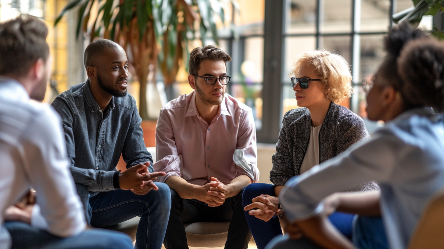 Group of diverse people having a serious discussion in a modern, well-lit office space.