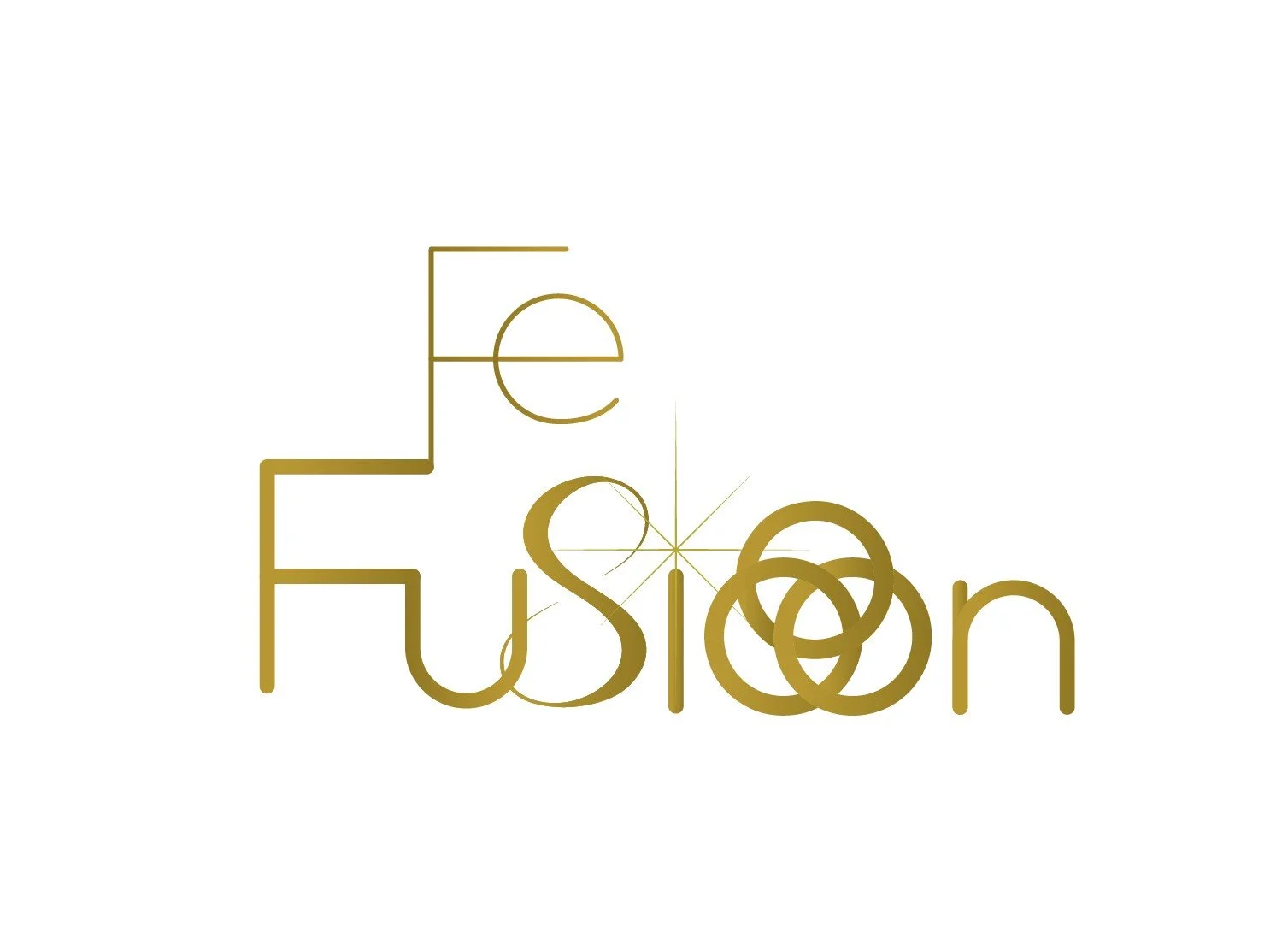 An artistic design spelling the word "fusion" with gold-colored, overlapping and interconnected letters and geometric line details on a white background.
