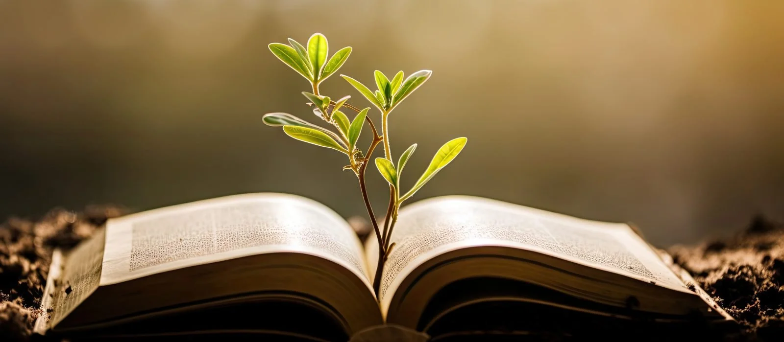 A green plant grows from the middle of an open book, with sunlight illuminating the scene.