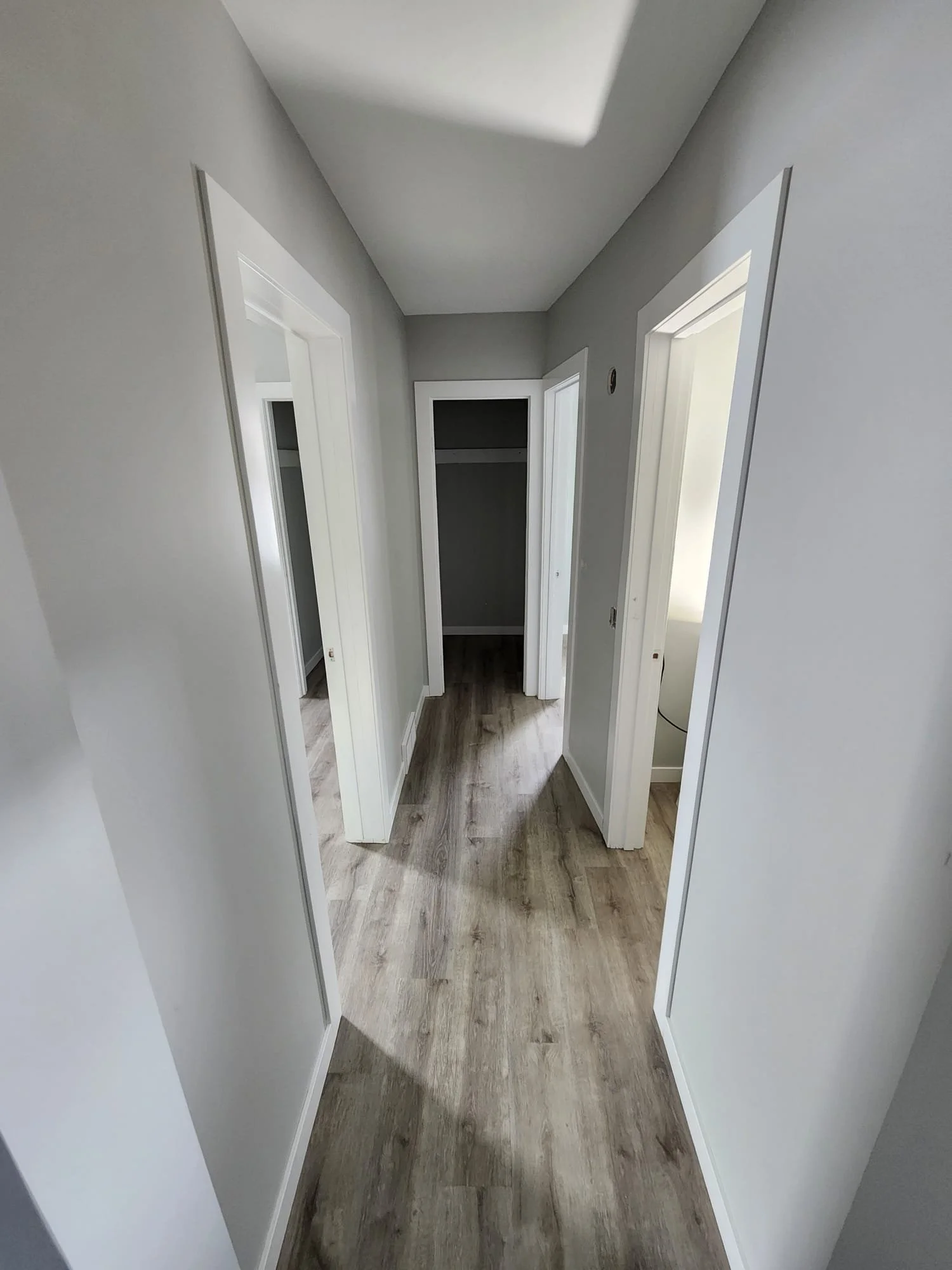 A hallway with light gray walls and wood-patterned flooring, showing open doorways to rooms on both sides and a closet at the end.