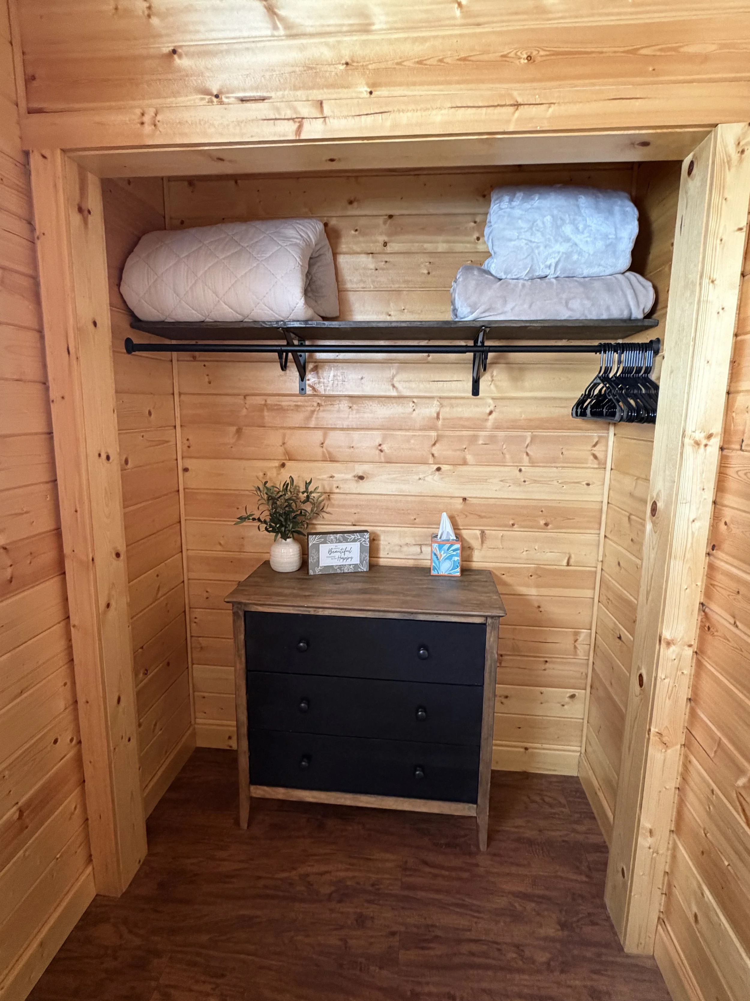 Small wooden closet with a shelf holding rolled-up bedding, a black hanging rod with hangers, a black dresser with a small plant, a framed photo, and a tissue box.
