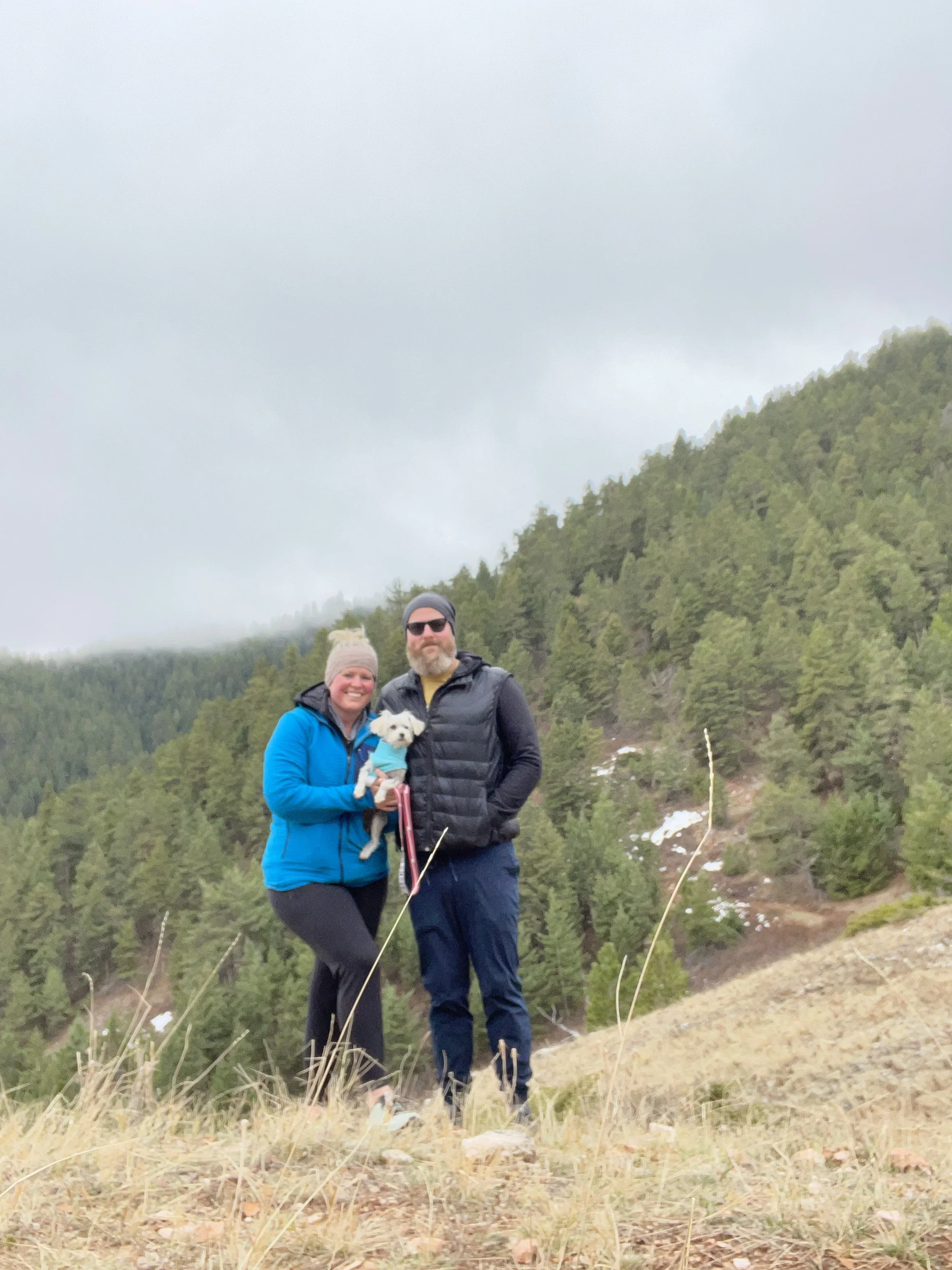 The Hert family  of Late Checkout WY on a green hillside with their dog above Sheridan, Wyoming.