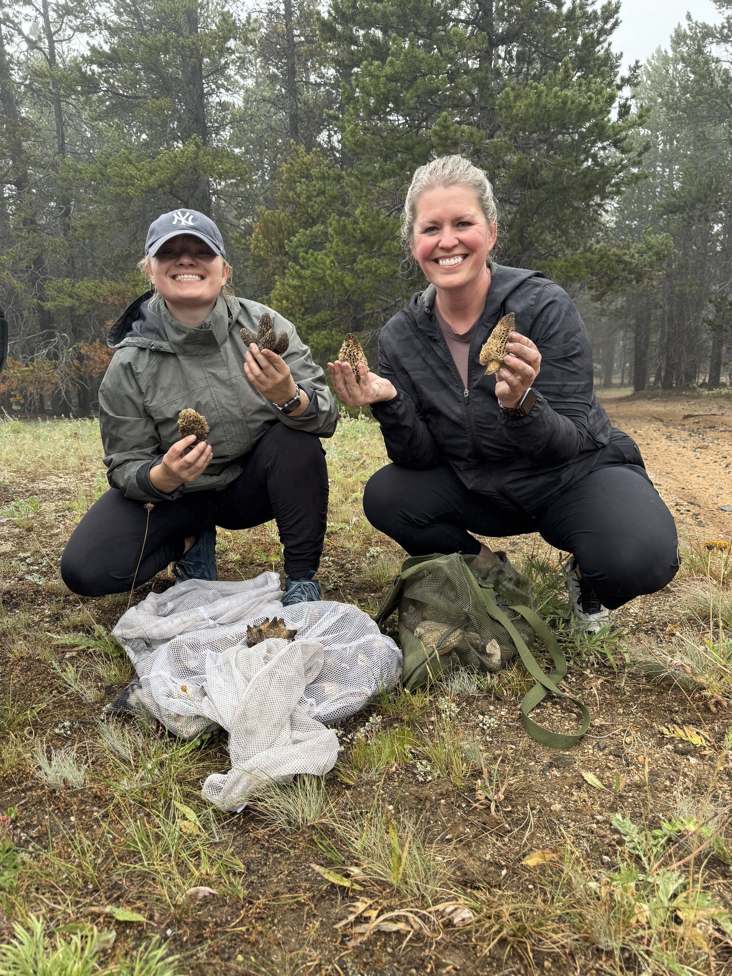 Two people holding morel mushrooms in a misty Big Horn Mountains forest