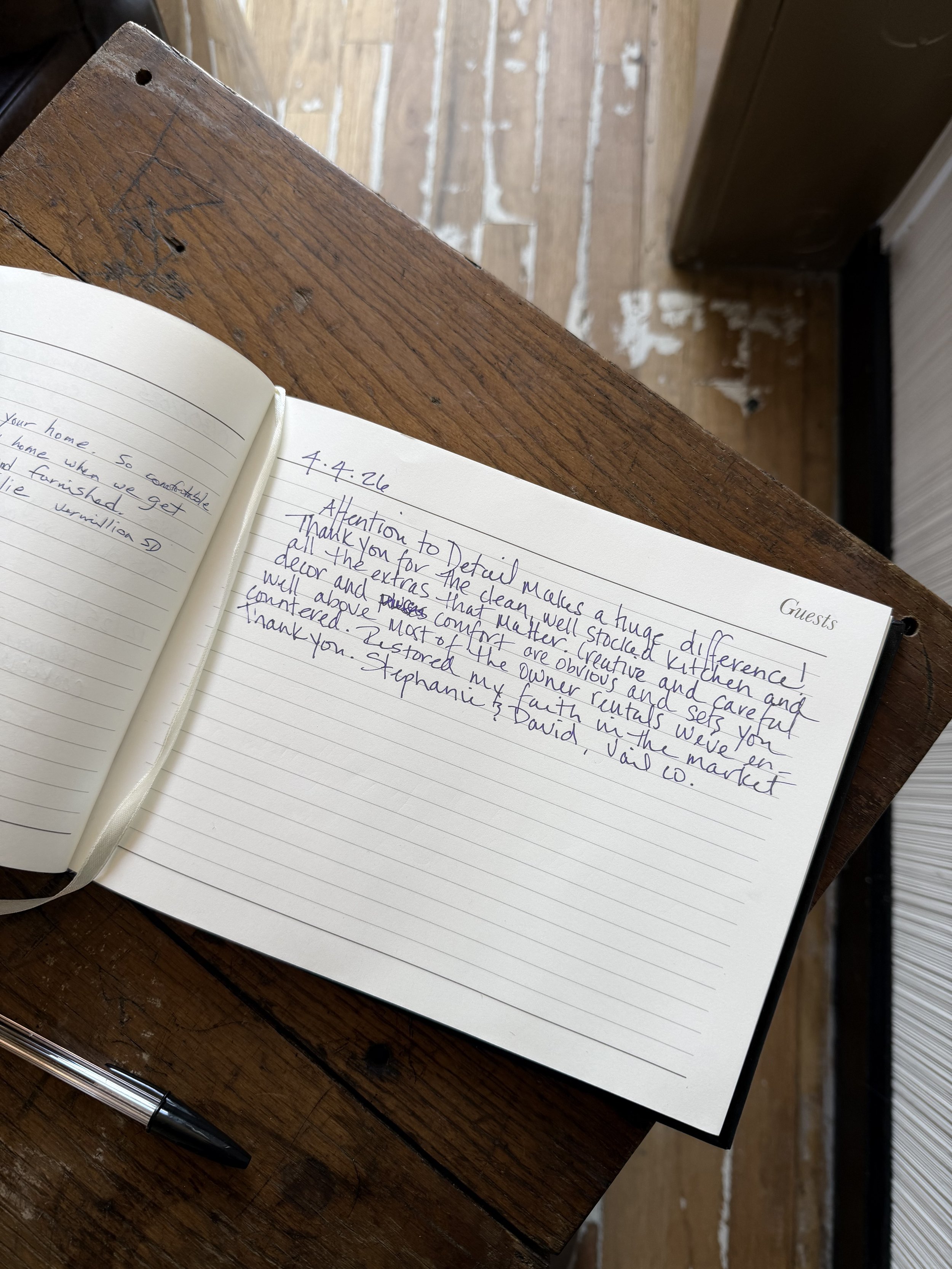 Handwritten guest journal entry at the Troubadour Suite Sheridan Wyoming — April 4 2026