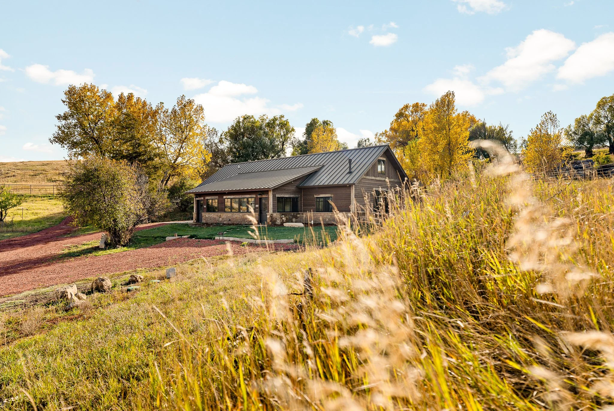 A house with a metallic roof in a rural area surrounded by trees with autumn foliage, tall grasses, and a clear blue sky.